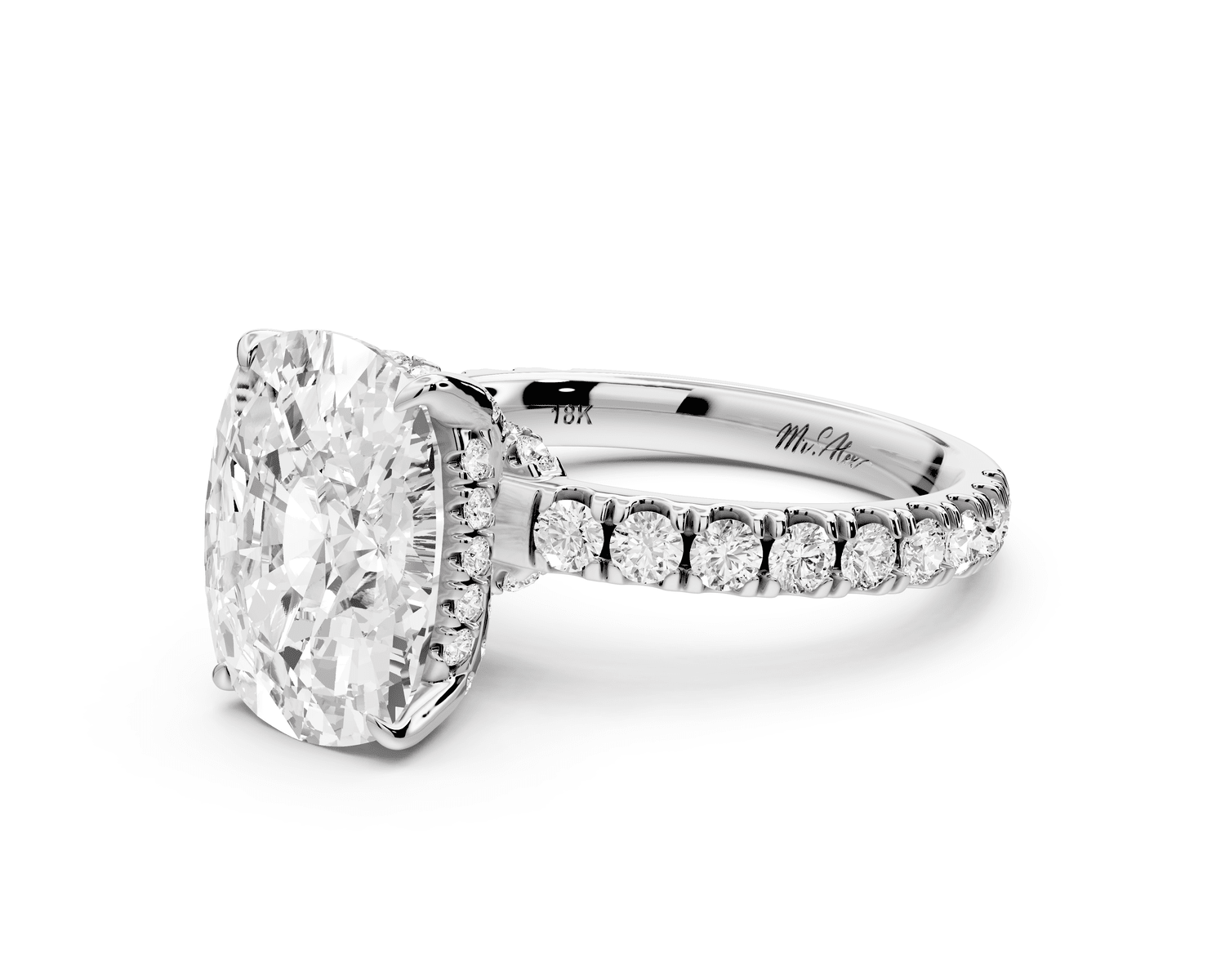 Jade - 5ct platinum ecushion hidden halo diamond crown and bridge pavé engagement ring - Mr. Alex Jewelry
