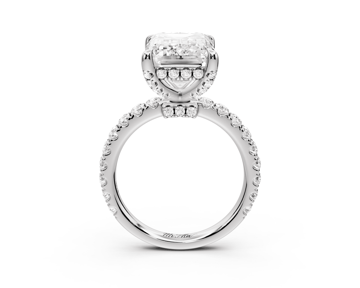 Jade - 5ct platinum emerald hidden halo diamond crown and bridge pavé engagamnet ring - Mr. Alex Jewelry