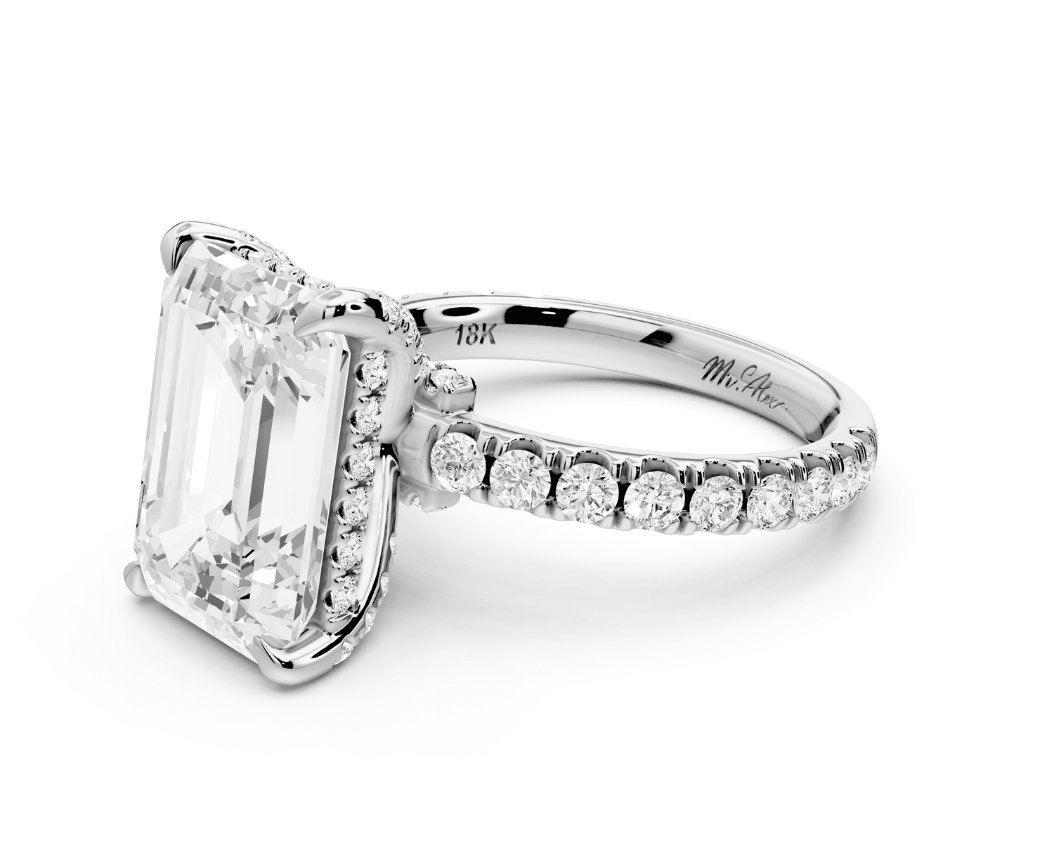 Jade - 5ct platinum emerald hidden halo diamond crown and bridge pavé engagamnet ring - Mr. Alex Jewelry