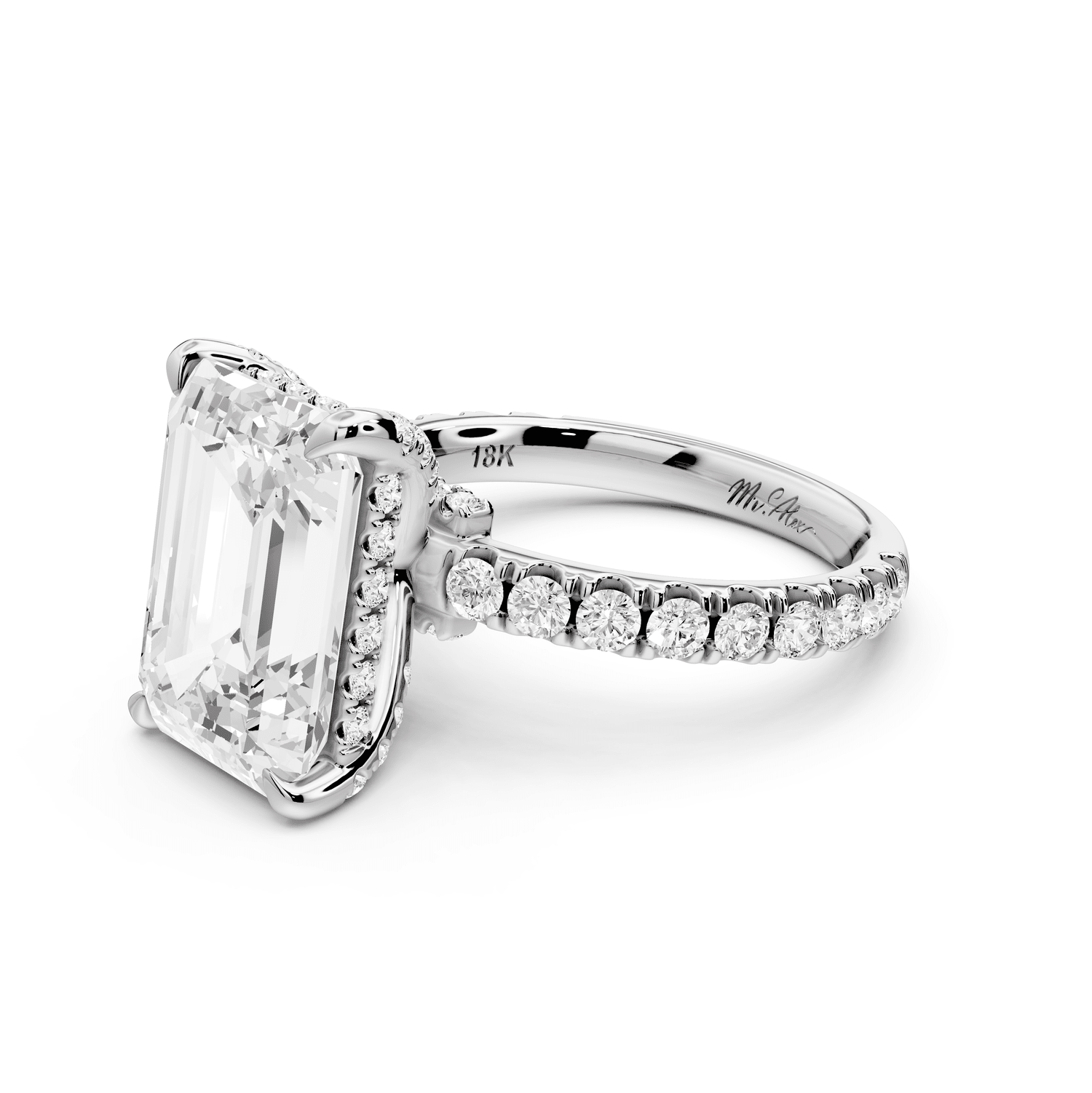 Jade - 5ct platinum emerald hidden halo diamond crown and bridge pavé engagamnet ring - Mr. Alex Jewelry