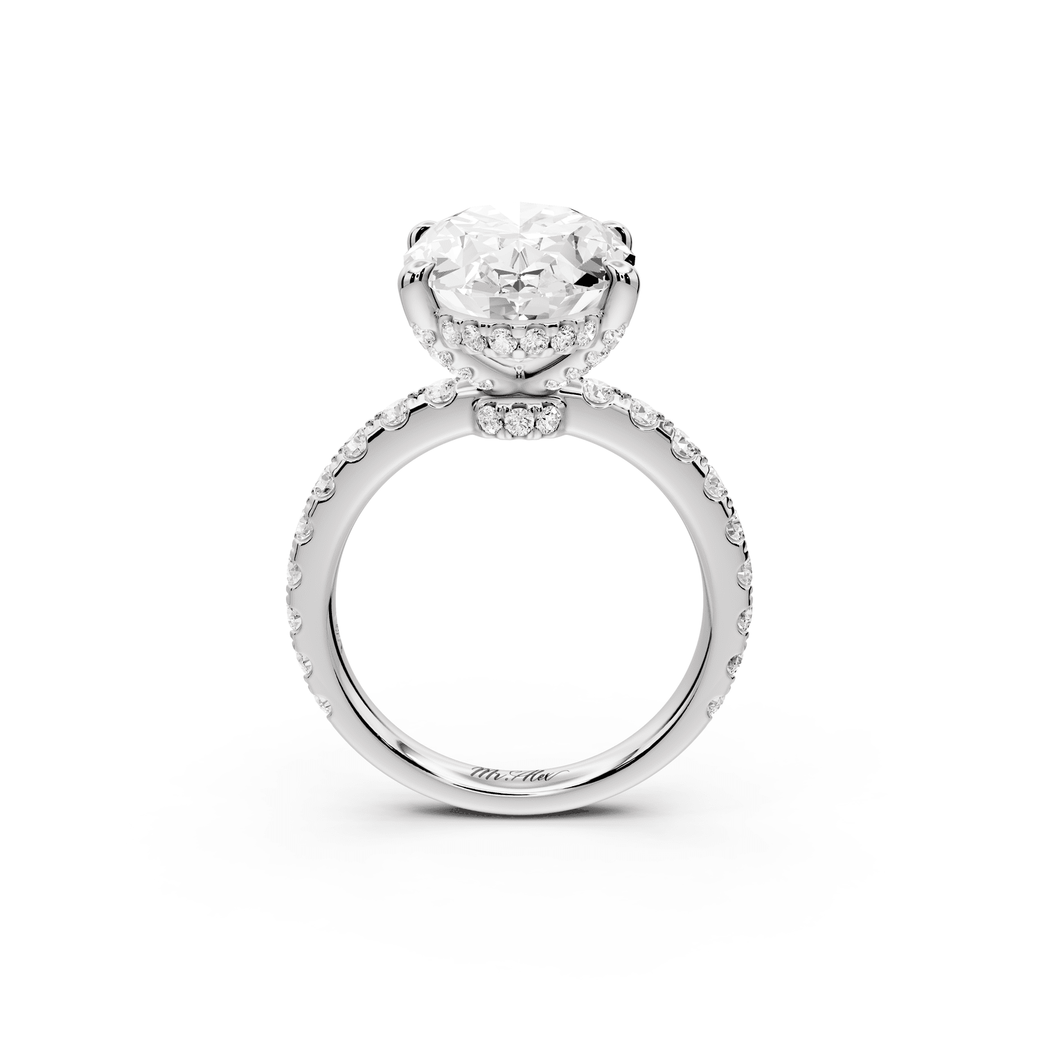 Jade - 5ct platinum oval hidden halo diamond crown and bridge pavé engagamnet ring - Mr. Alex Jewelry