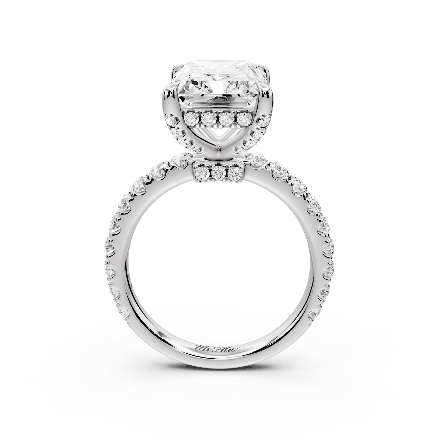 Jade - 5ct platinum radiant hidden halo diamond crown and bridge pavé engagement ring - Mr. Alex Jewelry