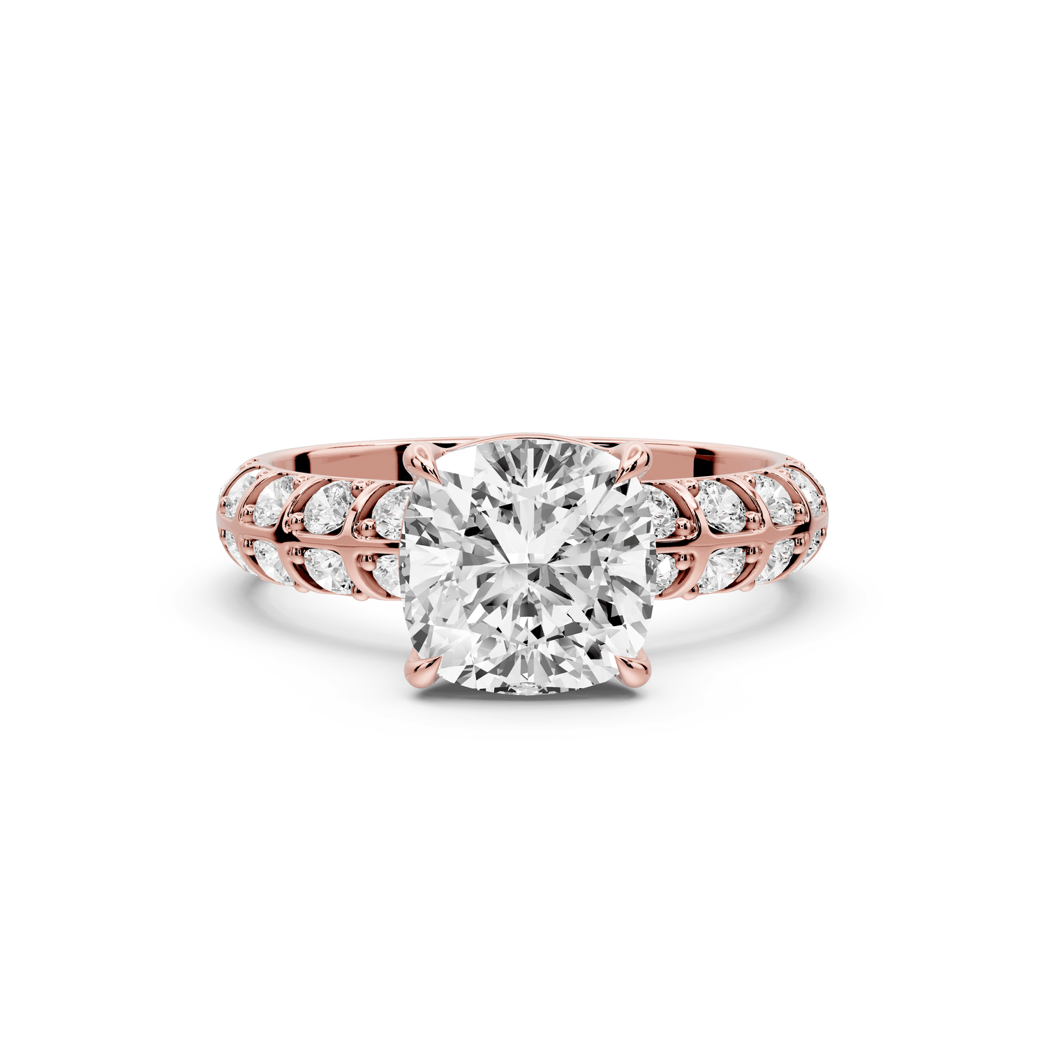 Jessica - 2ct 14k rose gold Cushion Split-Shank Engagement Ring with Double-Row Shared-Prong Pavé Band - Mr. Alex Jewelry