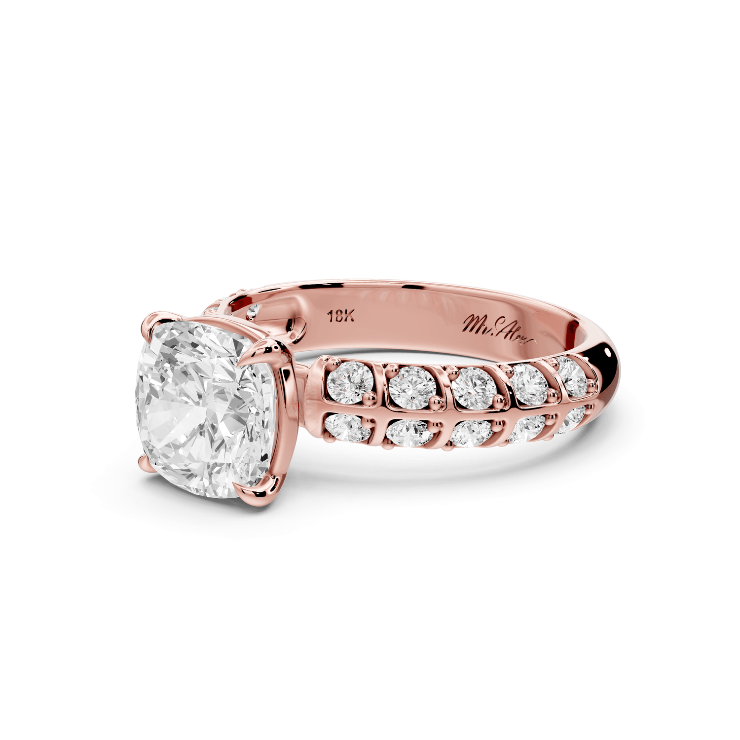 Jessica - 2ct 14k rose gold Cushion Split-Shank Engagement Ring with Double-Row Shared-Prong Pavé Band - Mr. Alex Jewelry