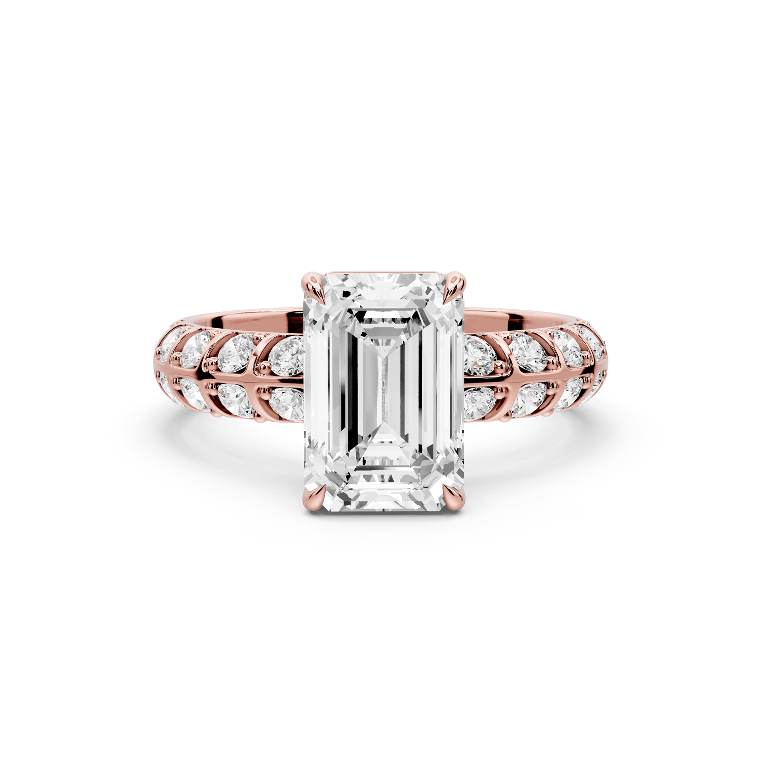 Jessica - 2ct 14k rose gold Emerald Split-Shank Engagement Ring with Double-Row Shared-Prong Pavé Band - Mr. Alex Jewelry