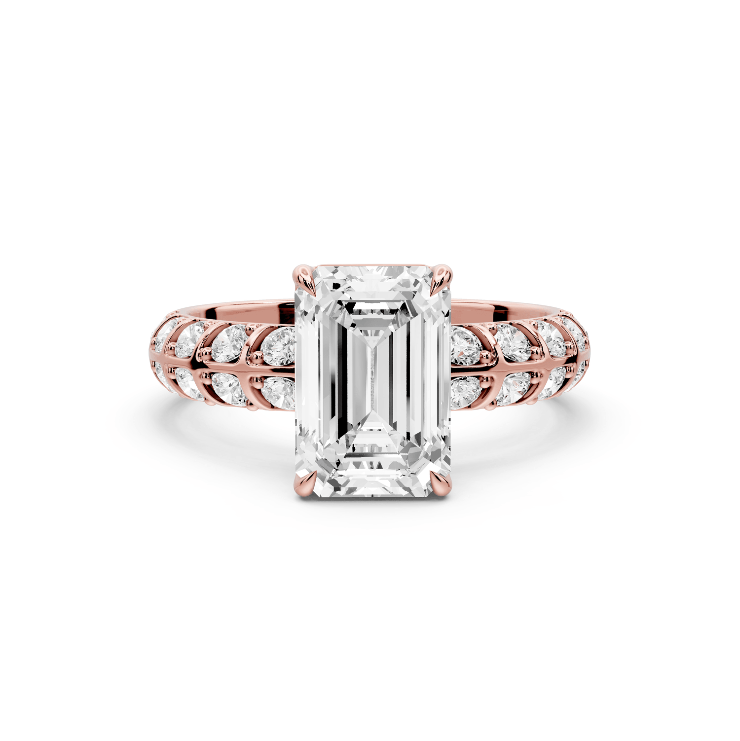 Jessica - 2ct 14k rose gold Emerald Split-Shank Engagement Ring with Double-Row Shared-Prong Pavé Band - Mr. Alex Jewelry