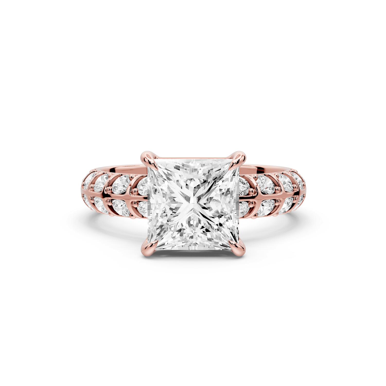 Jessica - 2ct 14k rose gold Princess Split-Shank Engagement Ring with Double-Row Shared-Prong Pavé Band - Mr. Alex Jewelry