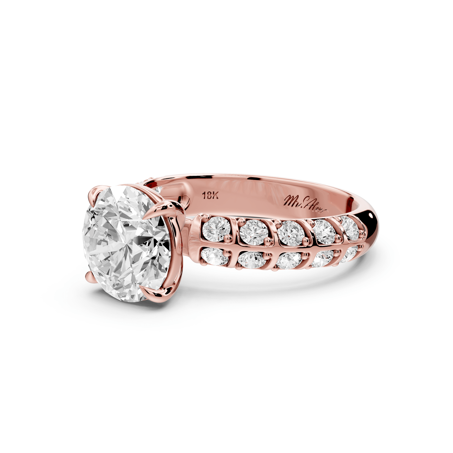 Jessica - 2ct 14k rose gold Round Split-Shank Engagement Ring with Double-Row Shared-Prong Pavé Band - Mr. Alex Jewelry