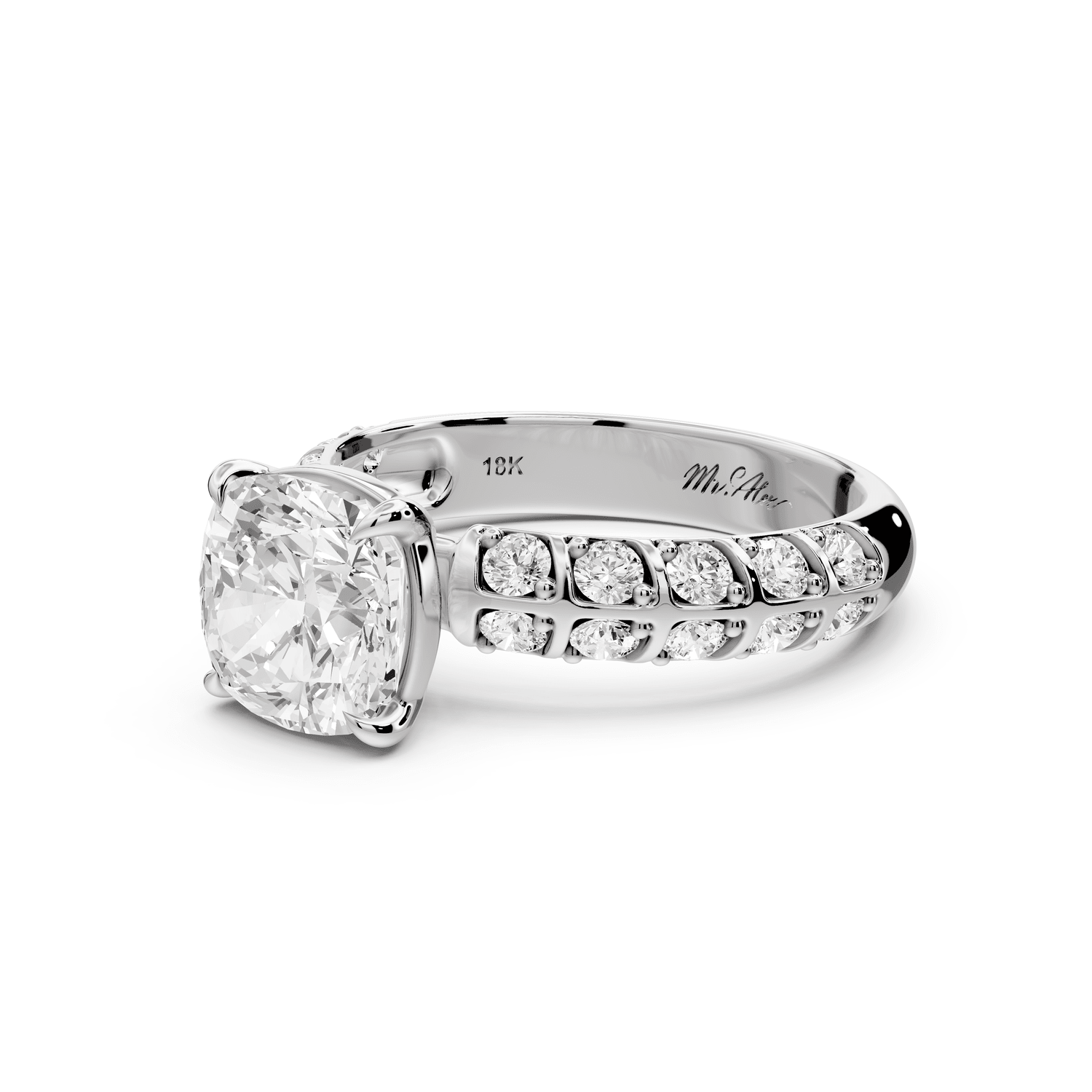 Jessica - 2ct 14k white gold Cushion Split-Shank Engagement Ring with Double-Row Shared-Prong Pavé Band - Mr. Alex Jewelry