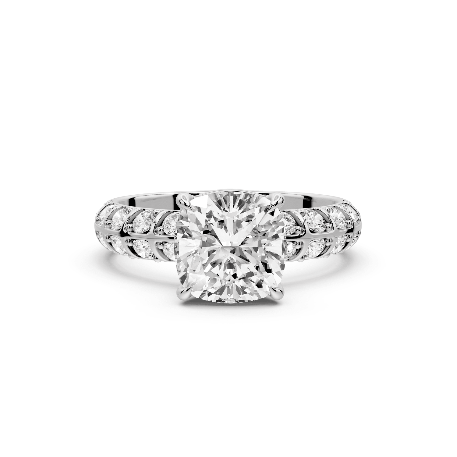 Jessica - 2ct 14k white gold Cushion Split-Shank Engagement Ring with Double-Row Shared-Prong Pavé Band - Mr. Alex Jewelry