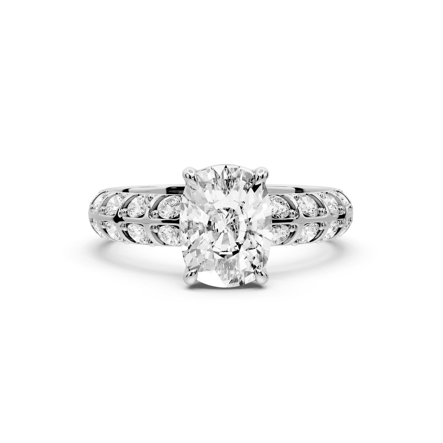 Jessica - 2ct 14k white gold Ecushion Split-Shank Engagement Ring with Double-Row Shared-Prong Pavé Band - Mr. Alex Jewelry