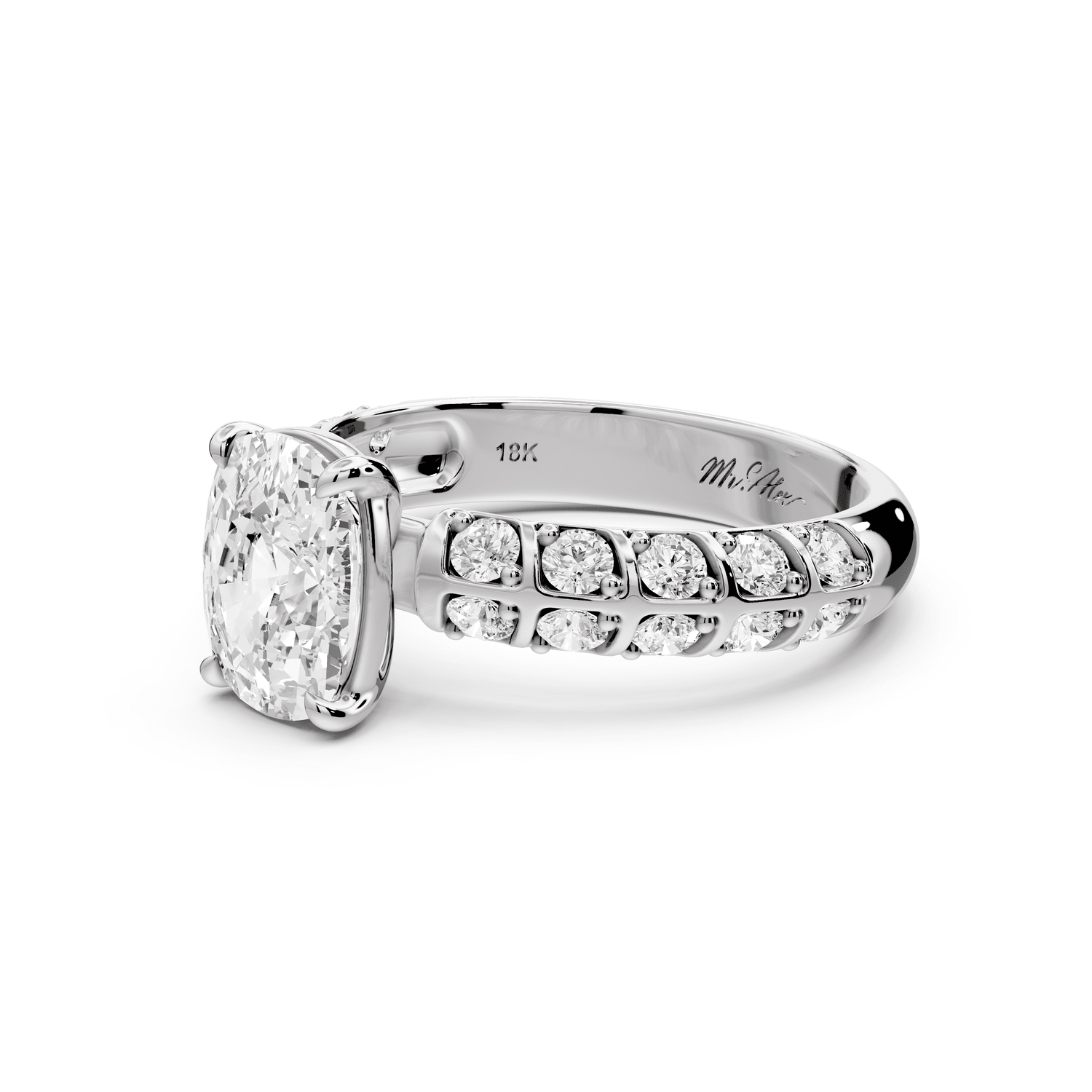 Jessica - 2ct 14k white gold Ecushion Split-Shank Engagement Ring with Double-Row Shared-Prong Pavé Band - Mr. Alex Jewelry