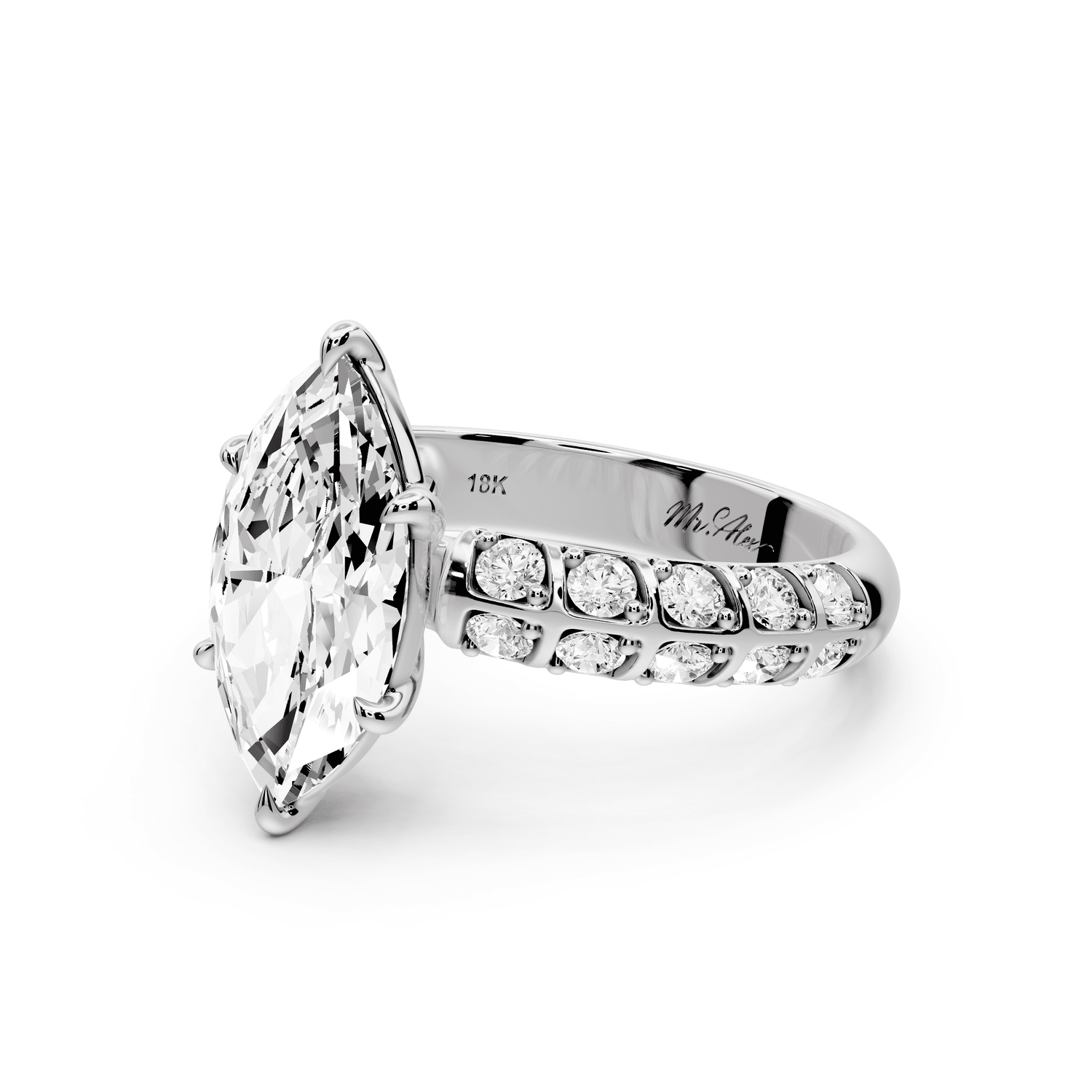 Jessica - 2ct 14k white gold Marquise Split-Shank Engagement Ring with Double-Row Shared-Prong Pavé Band - Mr. Alex Jewelry