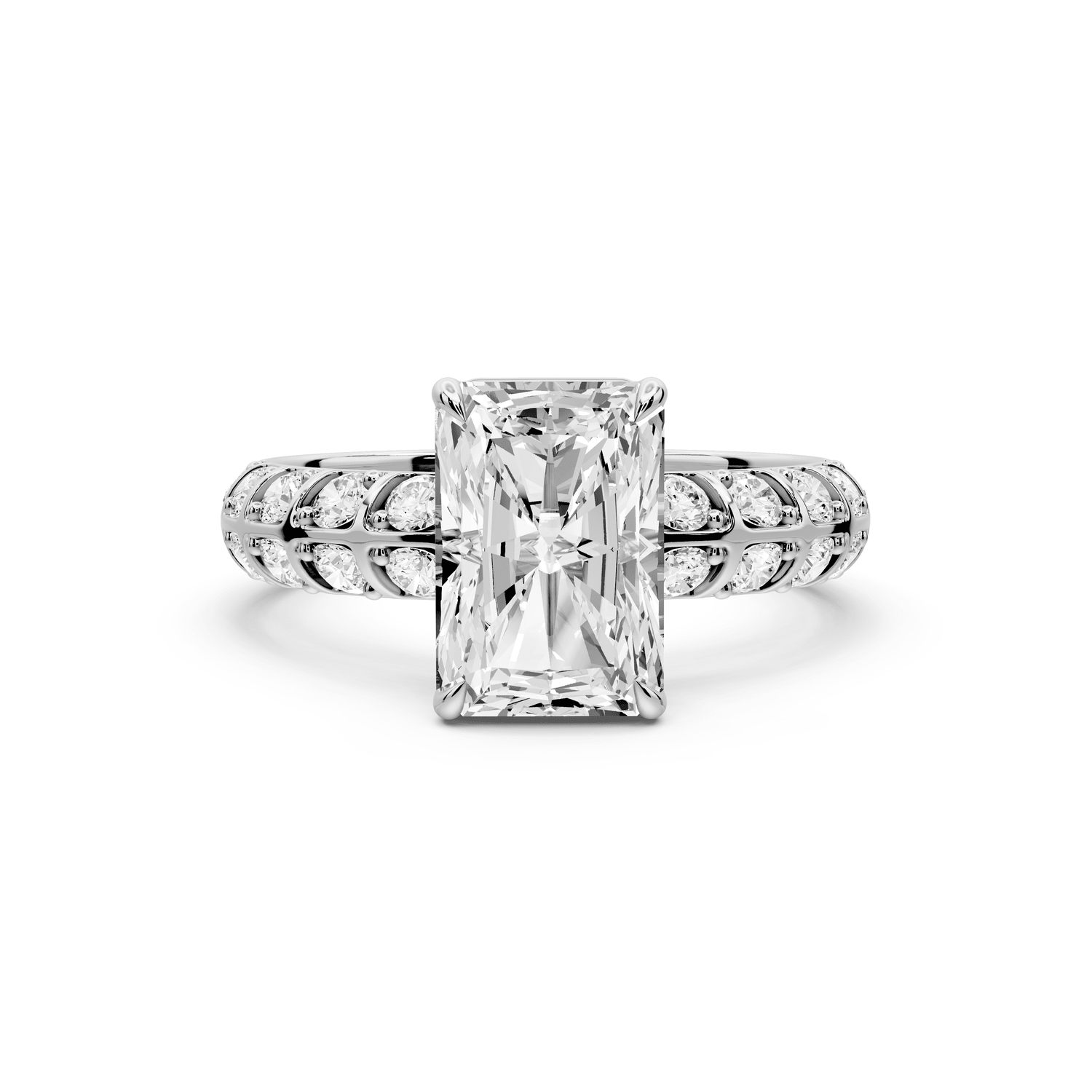 Jessica - 2ct 14k white gold Radiant Split-Shank Engagement Ring with Double-Row Shared-Prong Pavé Band - Mr. Alex Jewelry