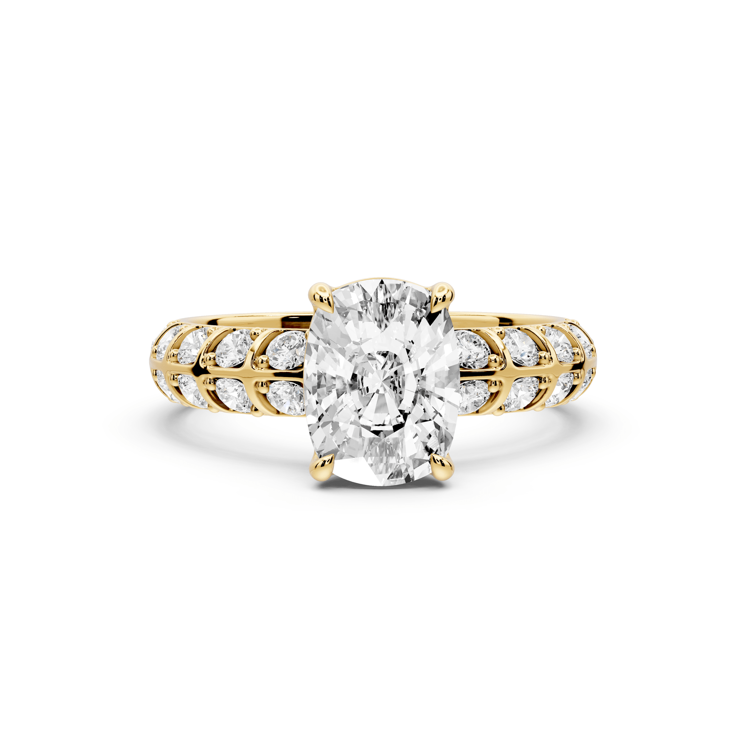 Jessica - 2ct 14k yellow gold Ecushion Split-Shank Engagement Ring with Double-Row Shared-Prong Pavé Band - Mr. Alex Jewelry