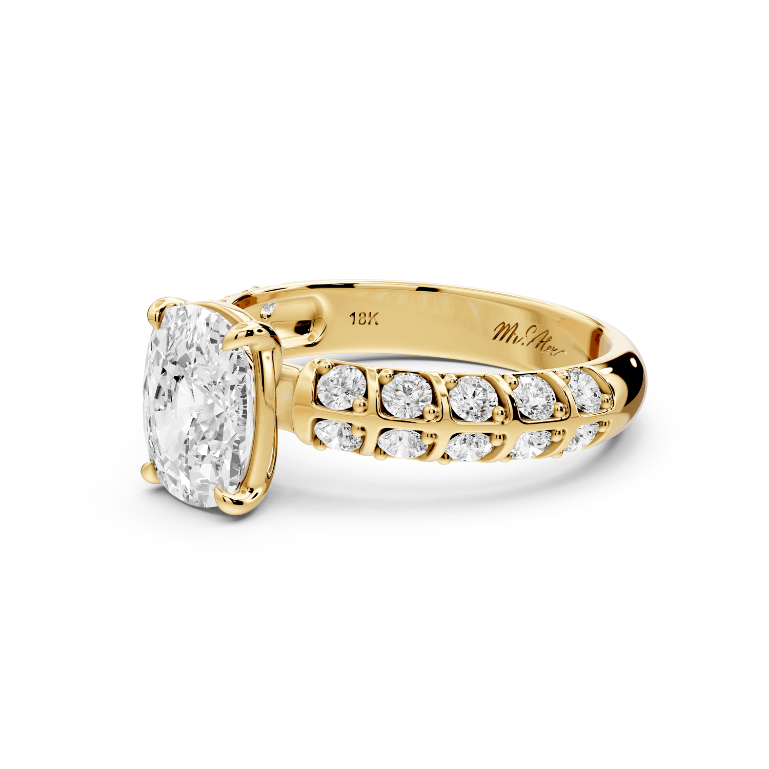 Jessica - 2ct 14k yellow gold Ecushion Split-Shank Engagement Ring with Double-Row Shared-Prong Pavé Band - Mr. Alex Jewelry