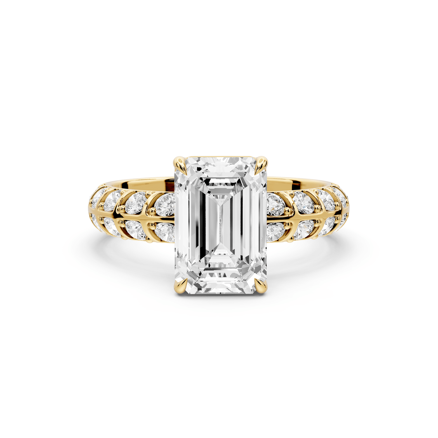 Jessica - 2ct 14k yellow gold Emerald Split-Shank Engagement Ring with Double-Row Shared-Prong Pavé Band - Mr. Alex Jewelry