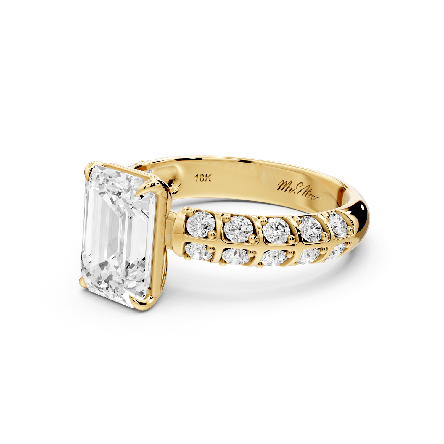 Jessica - 2ct 14k yellow gold Emerald Split-Shank Engagement Ring with Double-Row Shared-Prong Pavé Band - Mr. Alex Jewelry