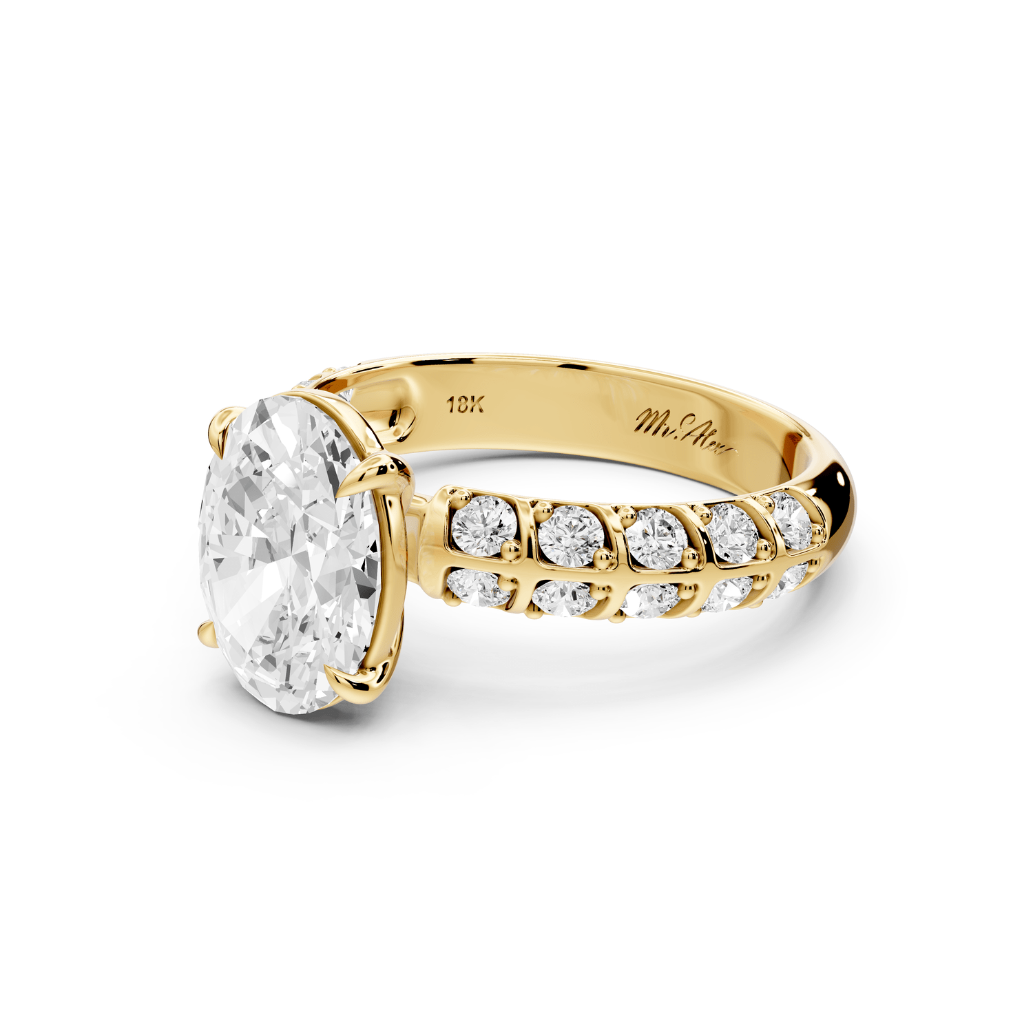 Jessica - 2ct 14k yellow gold Oval Split-Shank Engagement Ring with Double-Row Shared-Prong Pavé Band - Mr. Alex Jewelry
