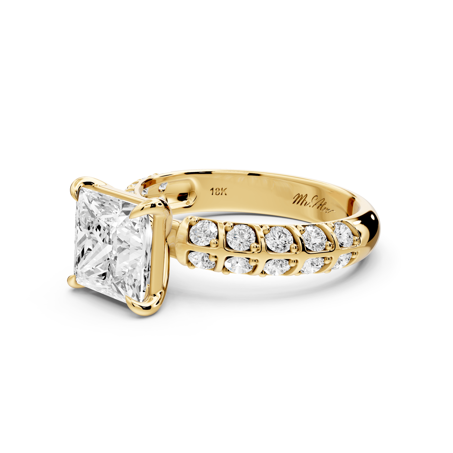 Jessica - 2ct 14k yellow gold Princess Split-Shank Engagement Ring with Double-Row Shared-Prong Pavé Band - Mr. Alex Jewelry