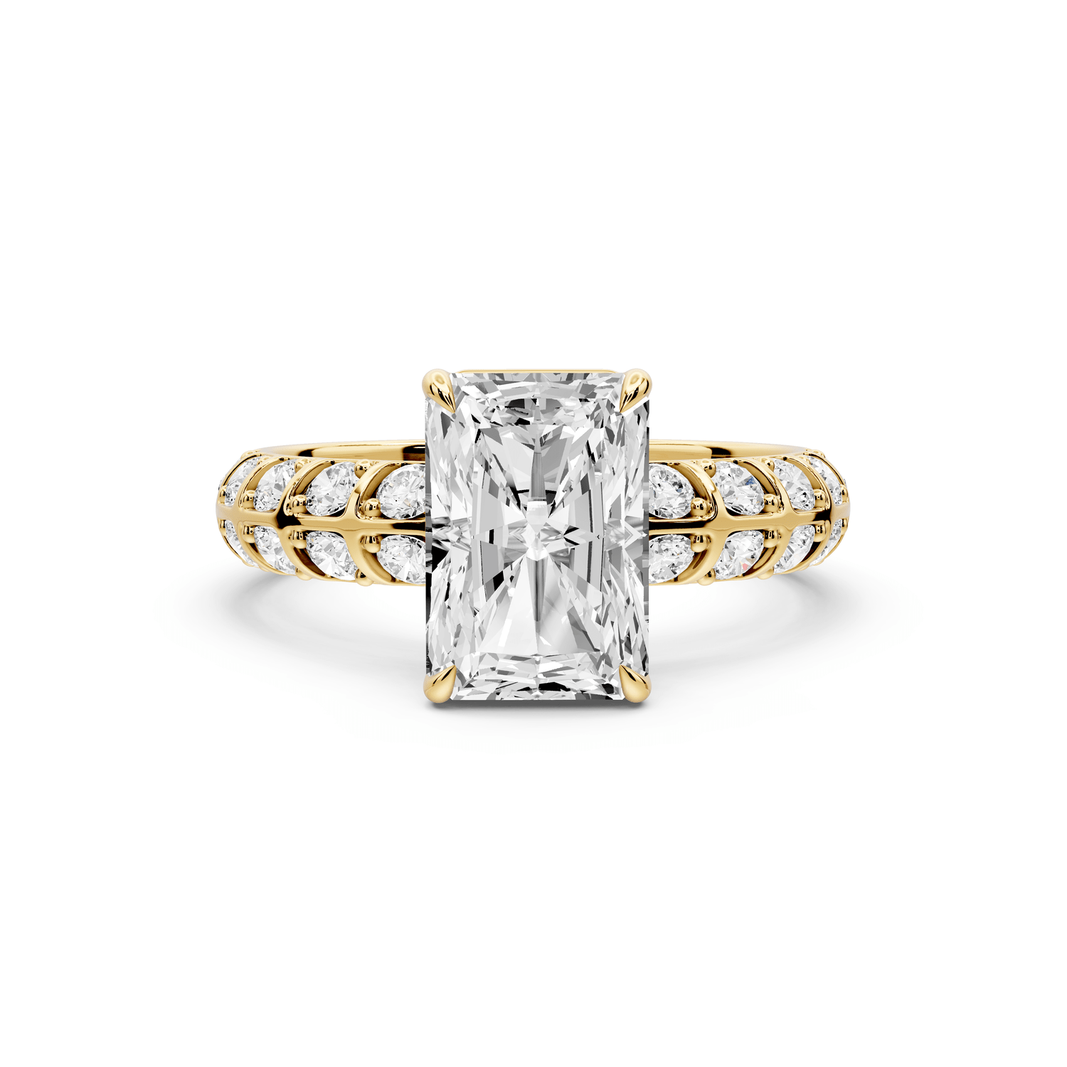 Jessica - 2ct 14k yellow gold Radiant Split-Shank Engagement Ring with Double-Row Shared-Prong Pavé Band - Mr. Alex Jewelry