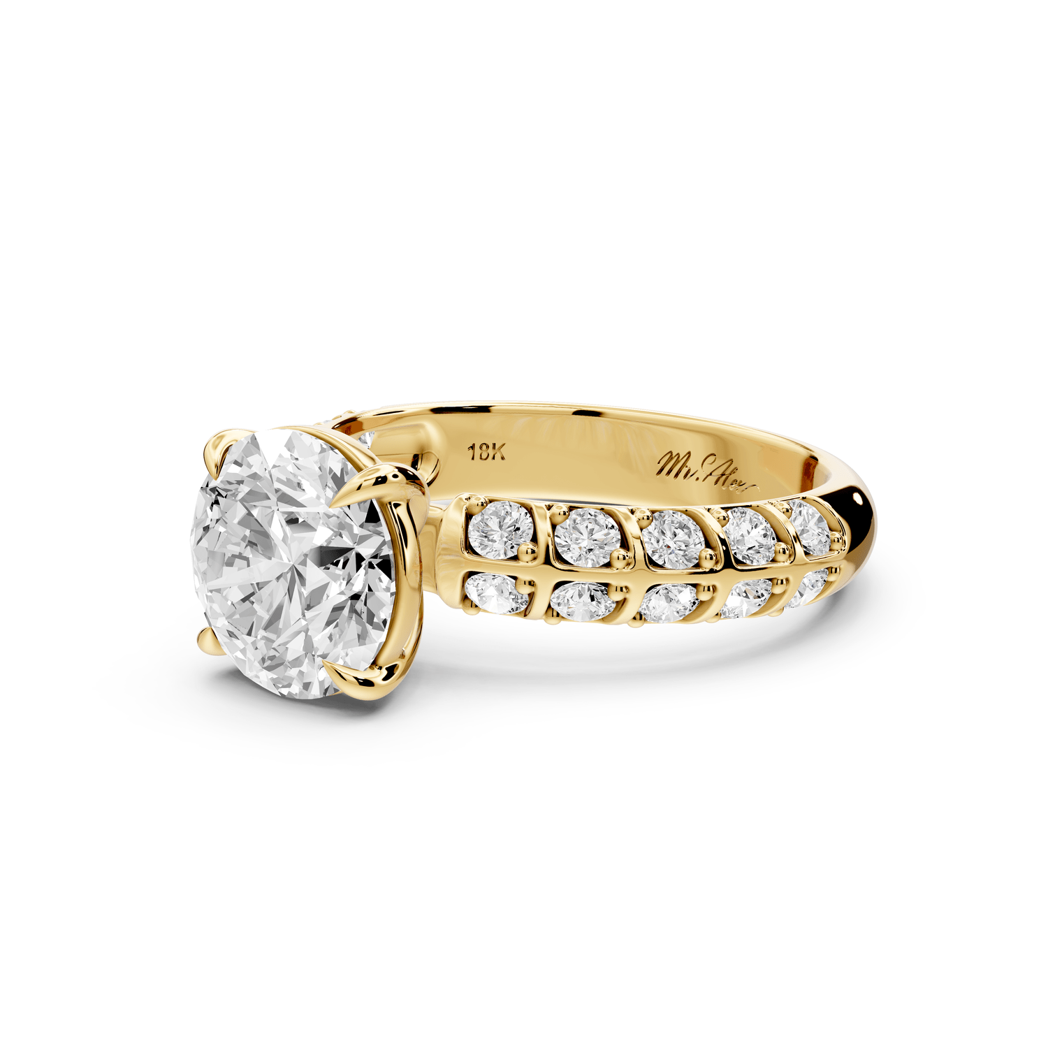 Jessica - 2ct 14k yellow gold Round Split-Shank Engagement Ring with Double-Row Shared-Prong Pavé Band - Mr. Alex Jewelry