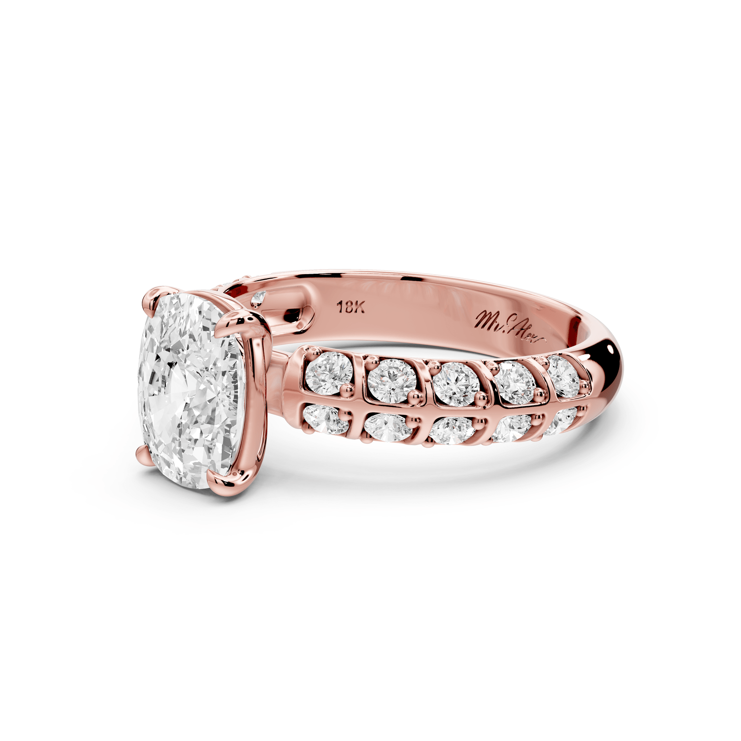 Jessica - 2ct 18k rose gold Ecushion Split-Shank Engagement Ring with Double-Row Shared-Prong Pavé Band - Mr. Alex Jewelry