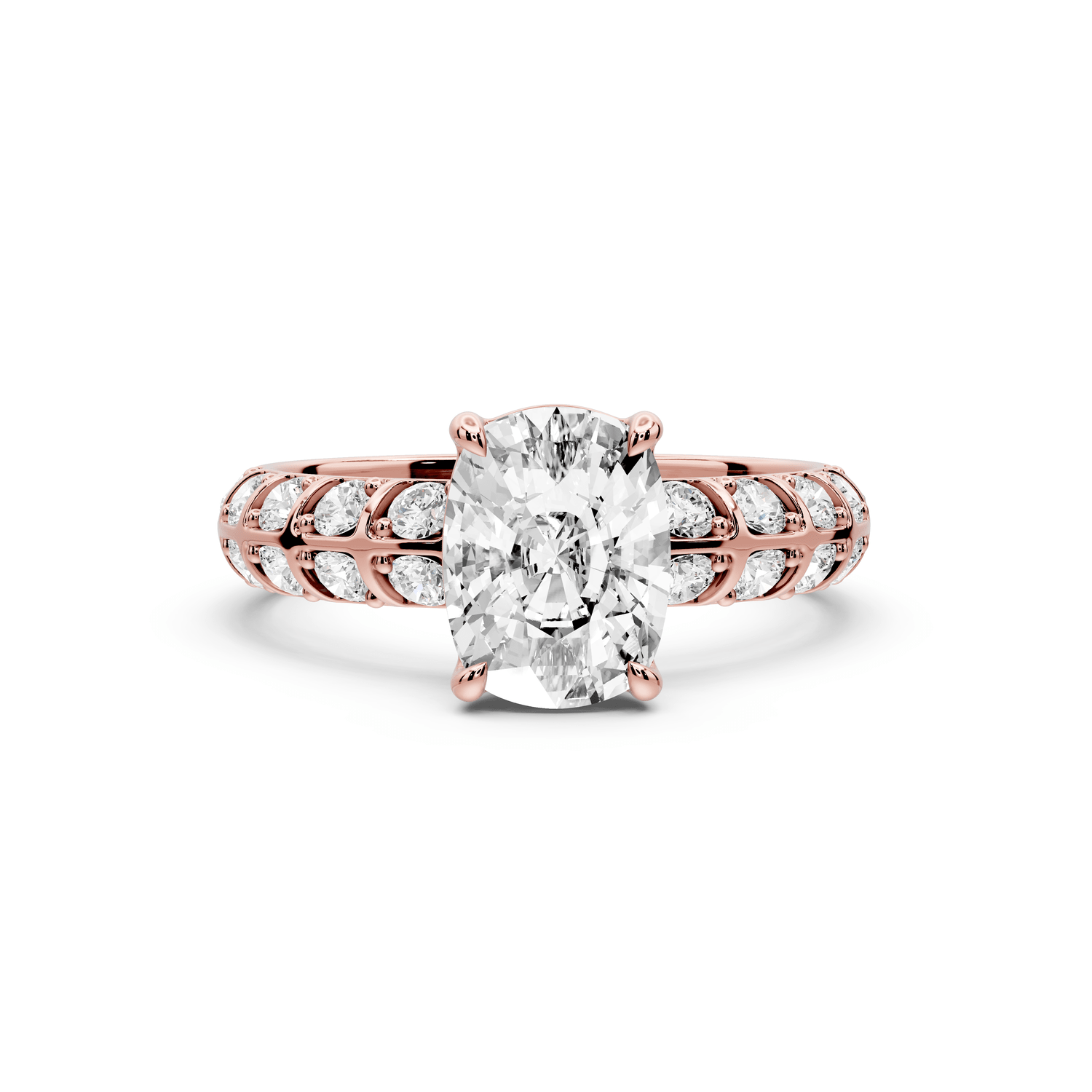 Jessica - 2ct 18k rose gold Ecushion Split-Shank Engagement Ring with Double-Row Shared-Prong Pavé Band - Mr. Alex Jewelry