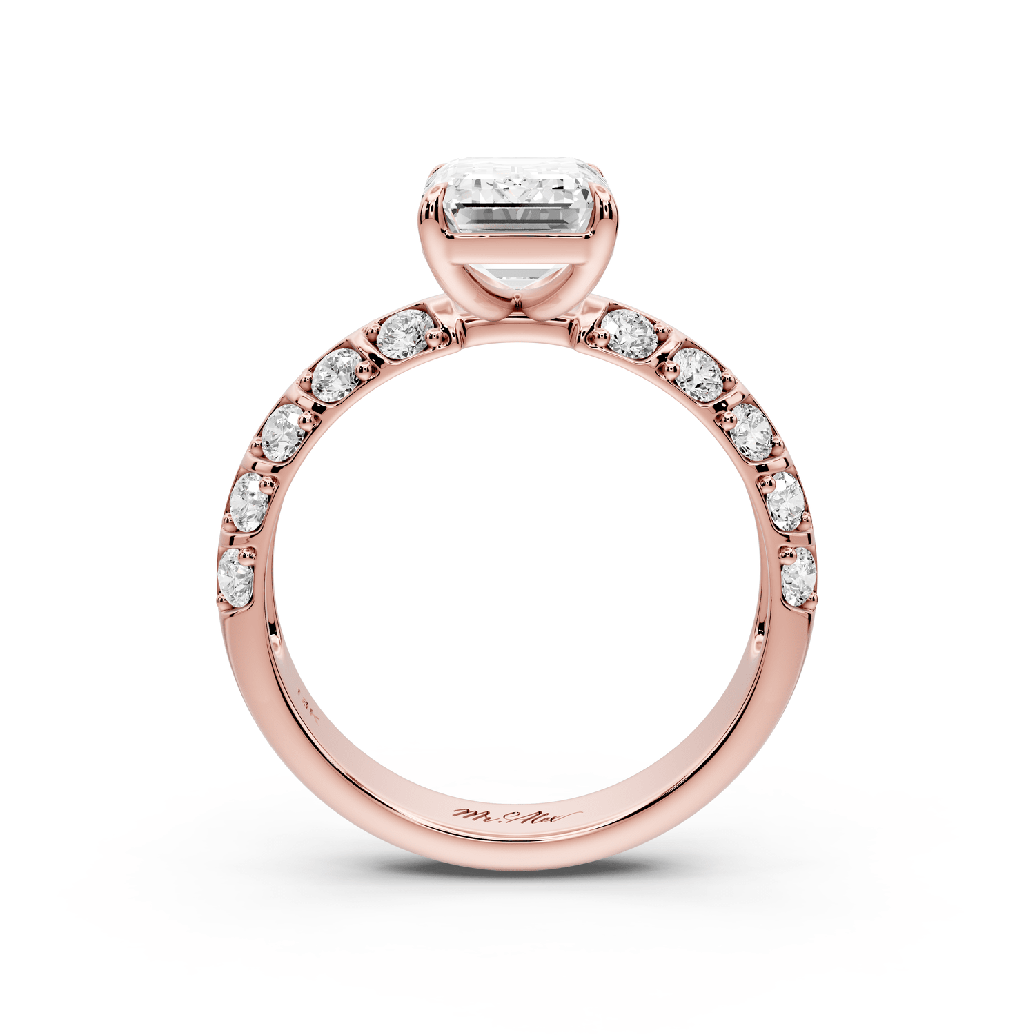 Jessica - 2ct 18k rose gold Emerald Split-Shank Engagement Ring with Double-Row Shared-Prong Pavé Band - Mr. Alex Jewelry