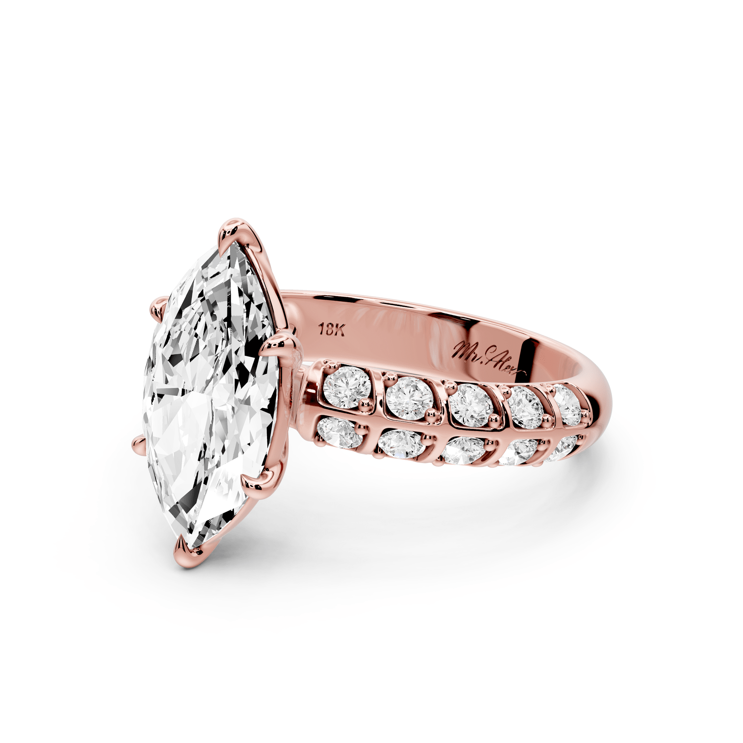 Jessica - 2ct 18k rose gold Marquise Split-Shank Engagement Ring with Double-Row Shared-Prong Pavé Band - Mr. Alex Jewelry