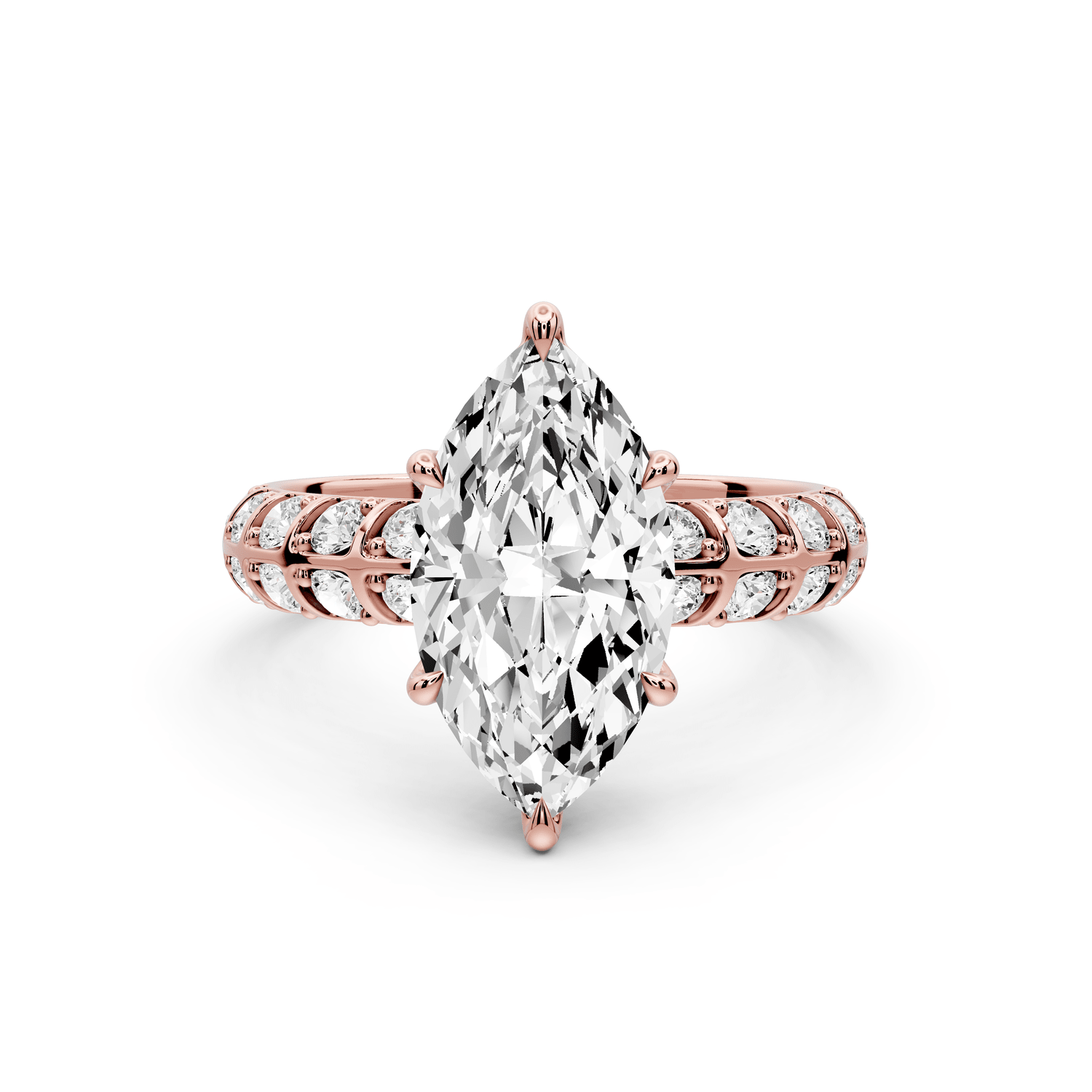 Jessica - 2ct 18k rose gold Marquise Split-Shank Engagement Ring with Double-Row Shared-Prong Pavé Band - Mr. Alex Jewelry