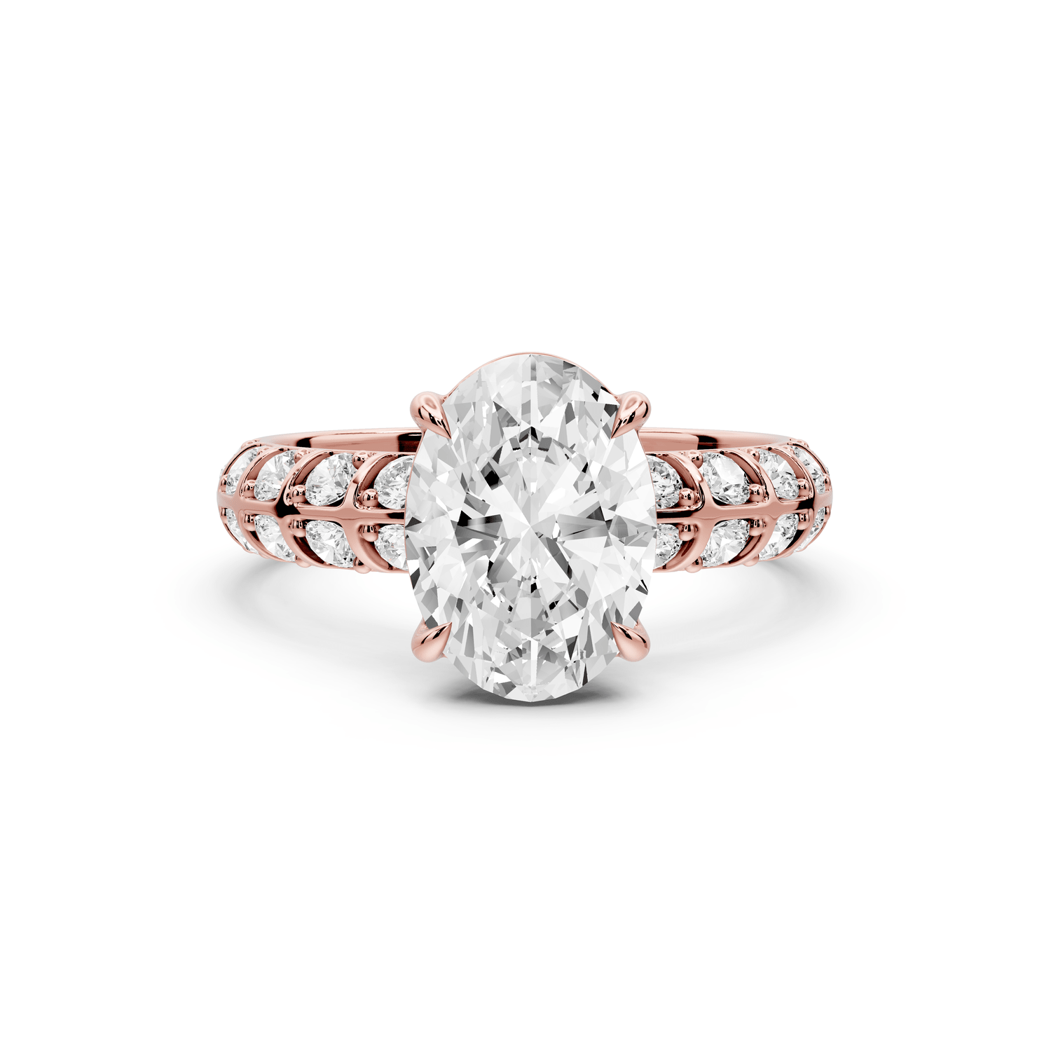 Jessica - 2ct 18k rose gold Oval Split-Shank Engagement Ring with Double-Row Shared-Prong Pavé Band - Mr. Alex Jewelry