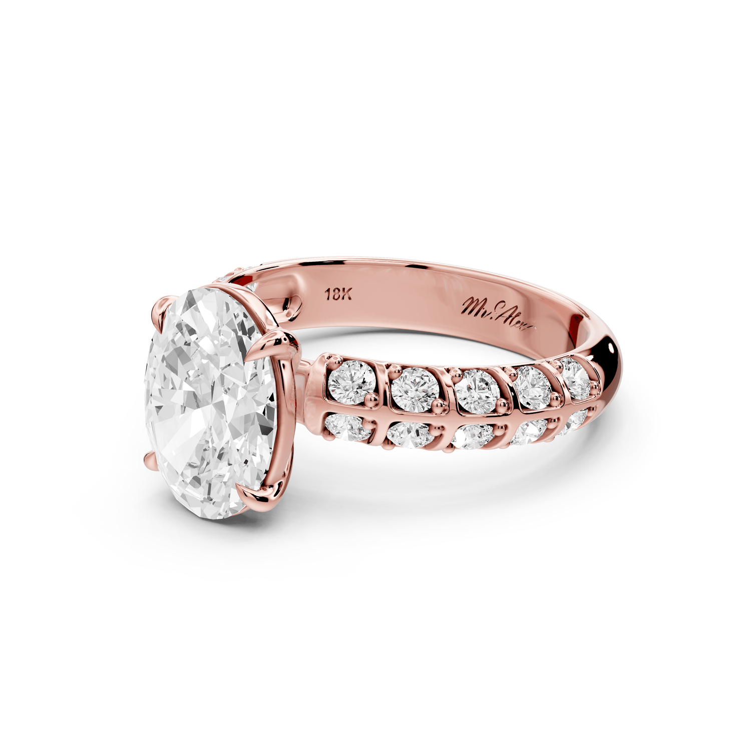 Jessica - 2ct 18k rose gold Oval Split-Shank Engagement Ring with Double-Row Shared-Prong Pavé Band - Mr. Alex Jewelry