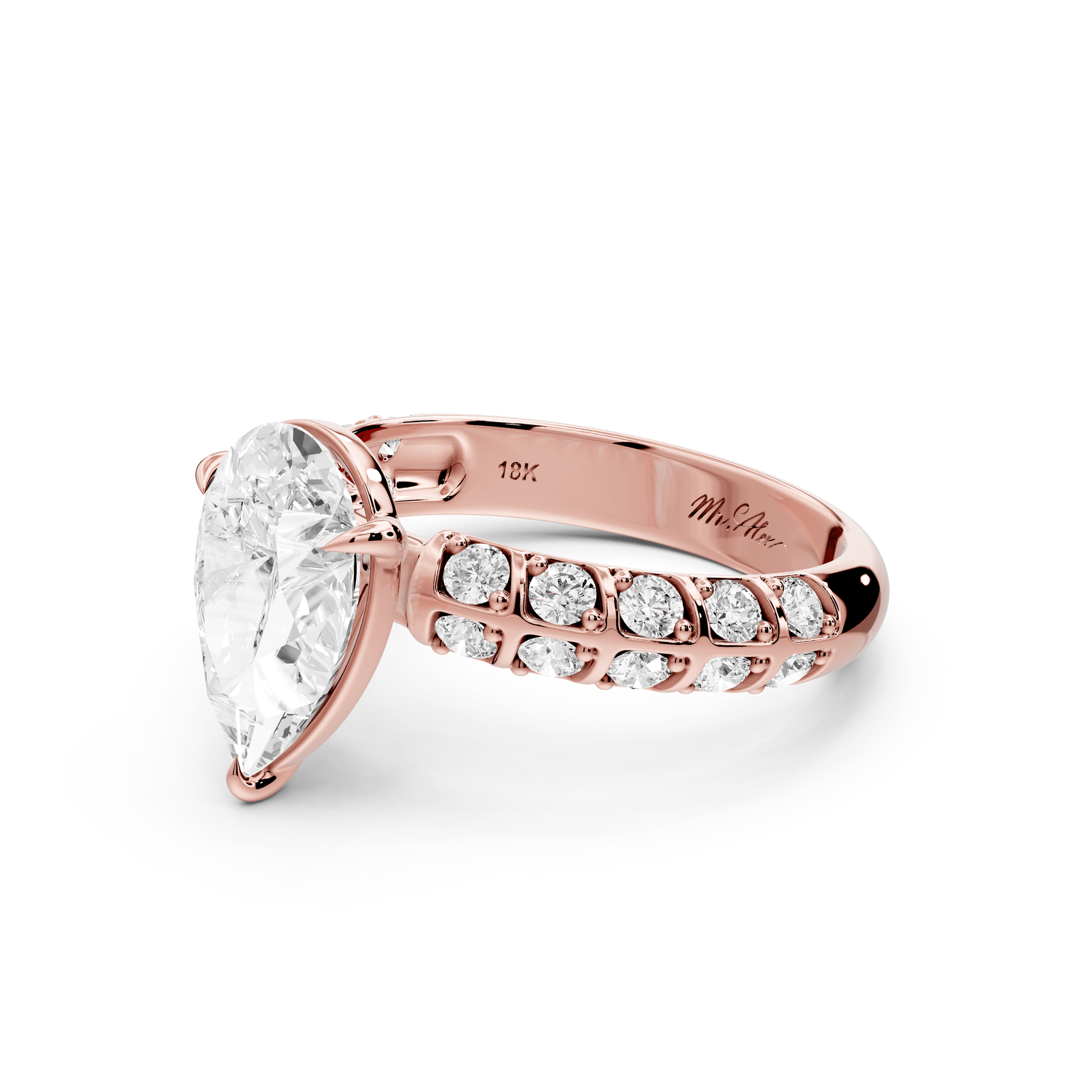 Jessica - 2ct 18k rose gold Pear Split-Shank Engagement Ring with Double-Row Shared-Prong Pavé Band - Mr. Alex Jewelry