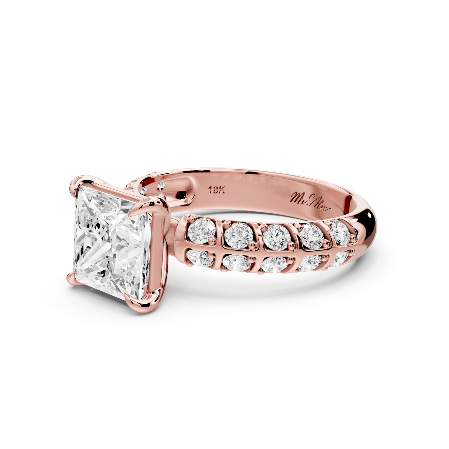 Jessica - 2ct 18k rose gold Princess Split-Shank Engagement Ring with Double-Row Shared-Prong Pavé Band - Mr. Alex Jewelry