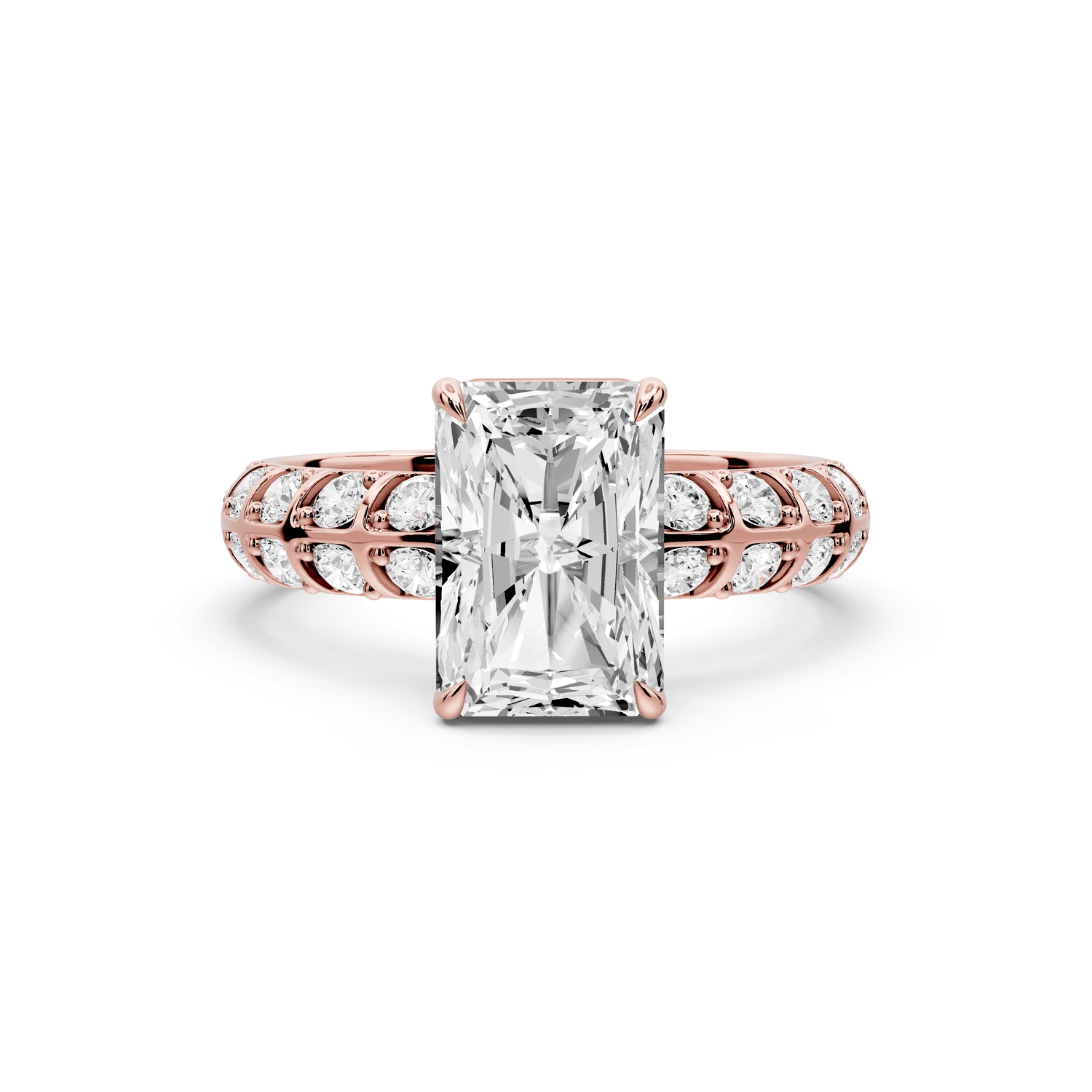 Jessica - 2ct 18k rose gold Radiant Split-Shank Engagement Ring with Double-Row Shared-Prong Pavé Band - Mr. Alex Jewelry