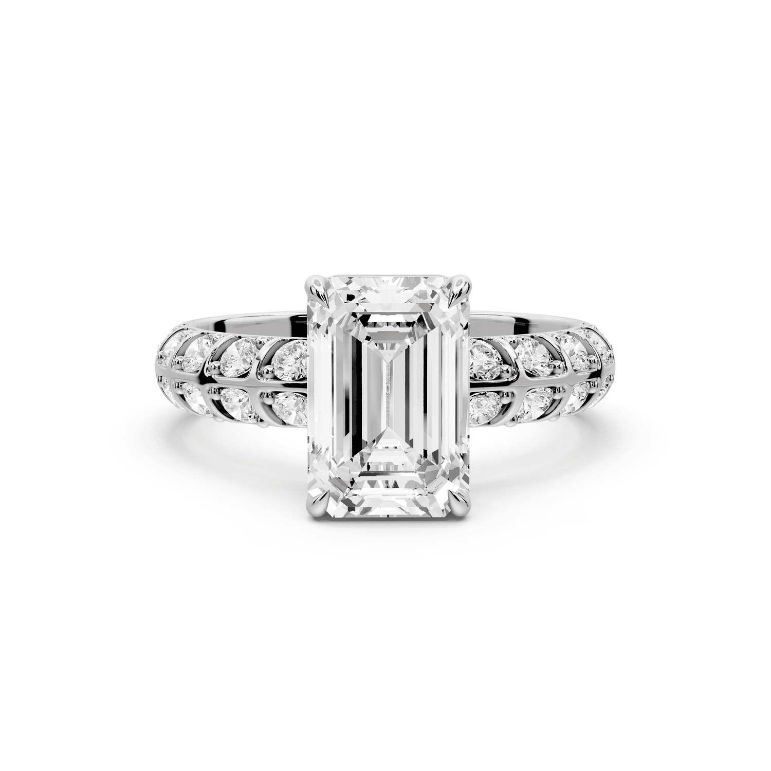 Jessica - 2ct 18k white gold Emerald Split-Shank Engagement Ring with Double-Row Shared-Prong Pavé Band - Mr. Alex Jewelry