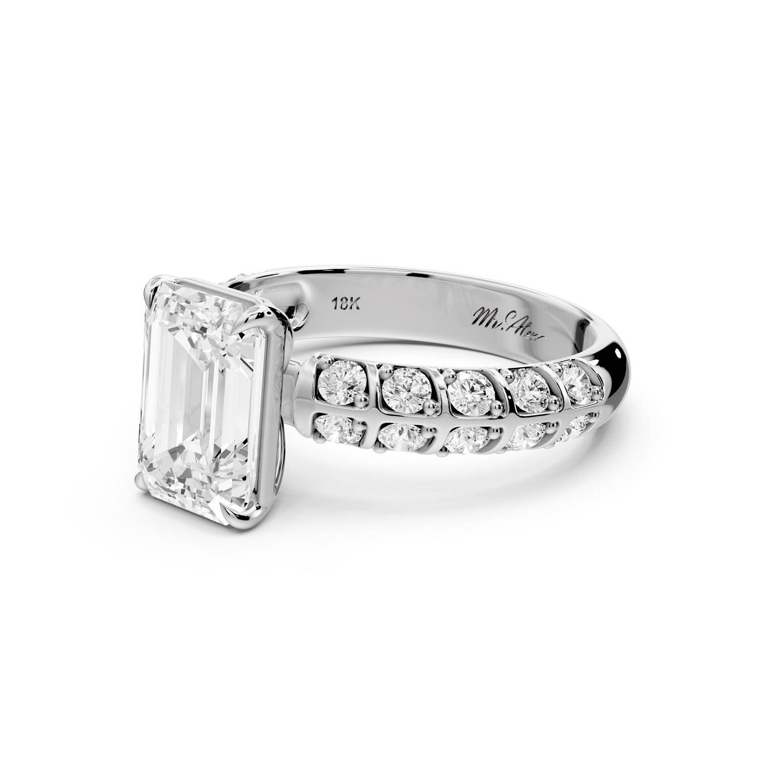 Jessica - 2ct 18k white gold Emerald Split-Shank Engagement Ring with Double-Row Shared-Prong Pavé Band - Mr. Alex Jewelry