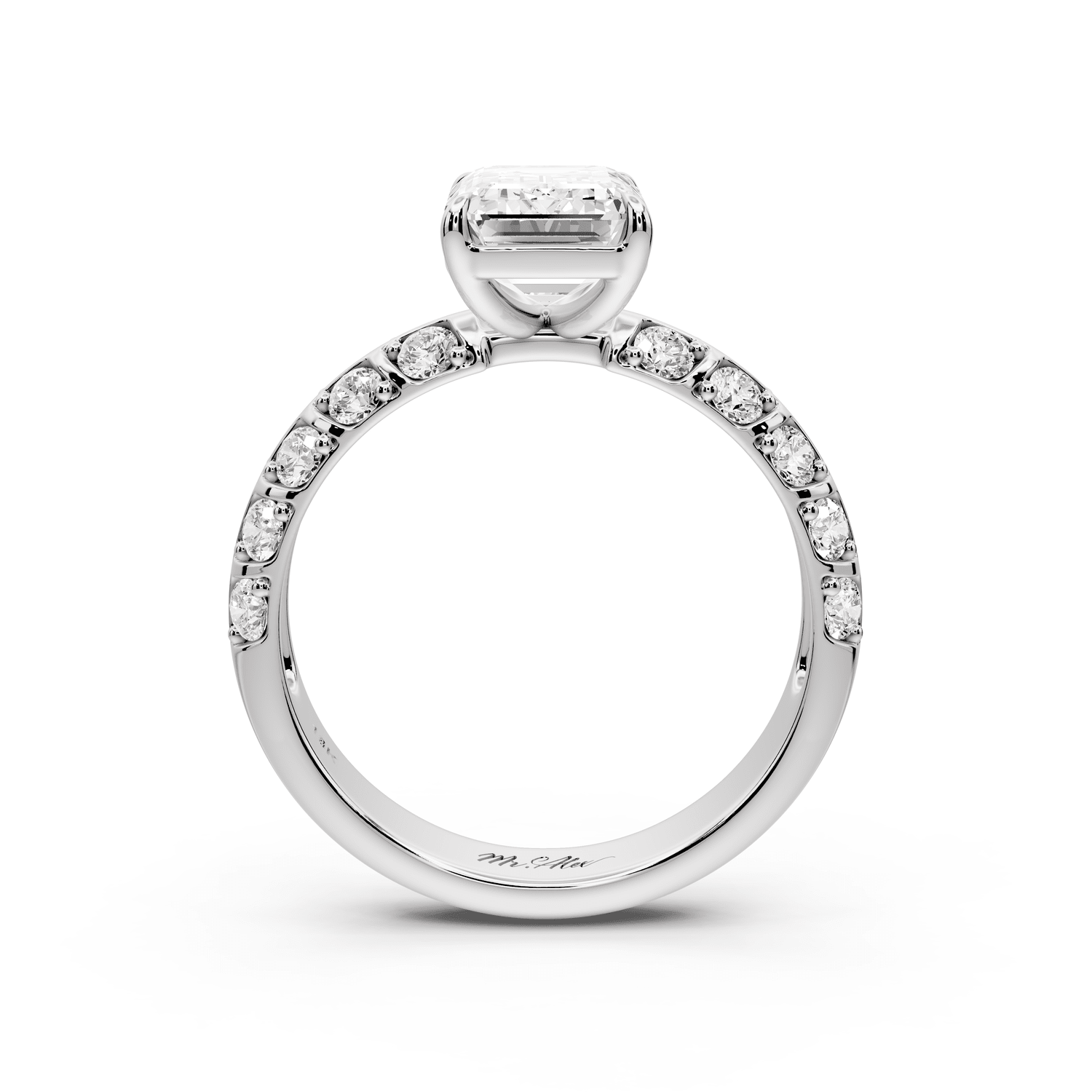 Jessica - 2ct 18k white gold Emerald Split-Shank Engagement Ring with Double-Row Shared-Prong Pavé Band - Mr. Alex Jewelry