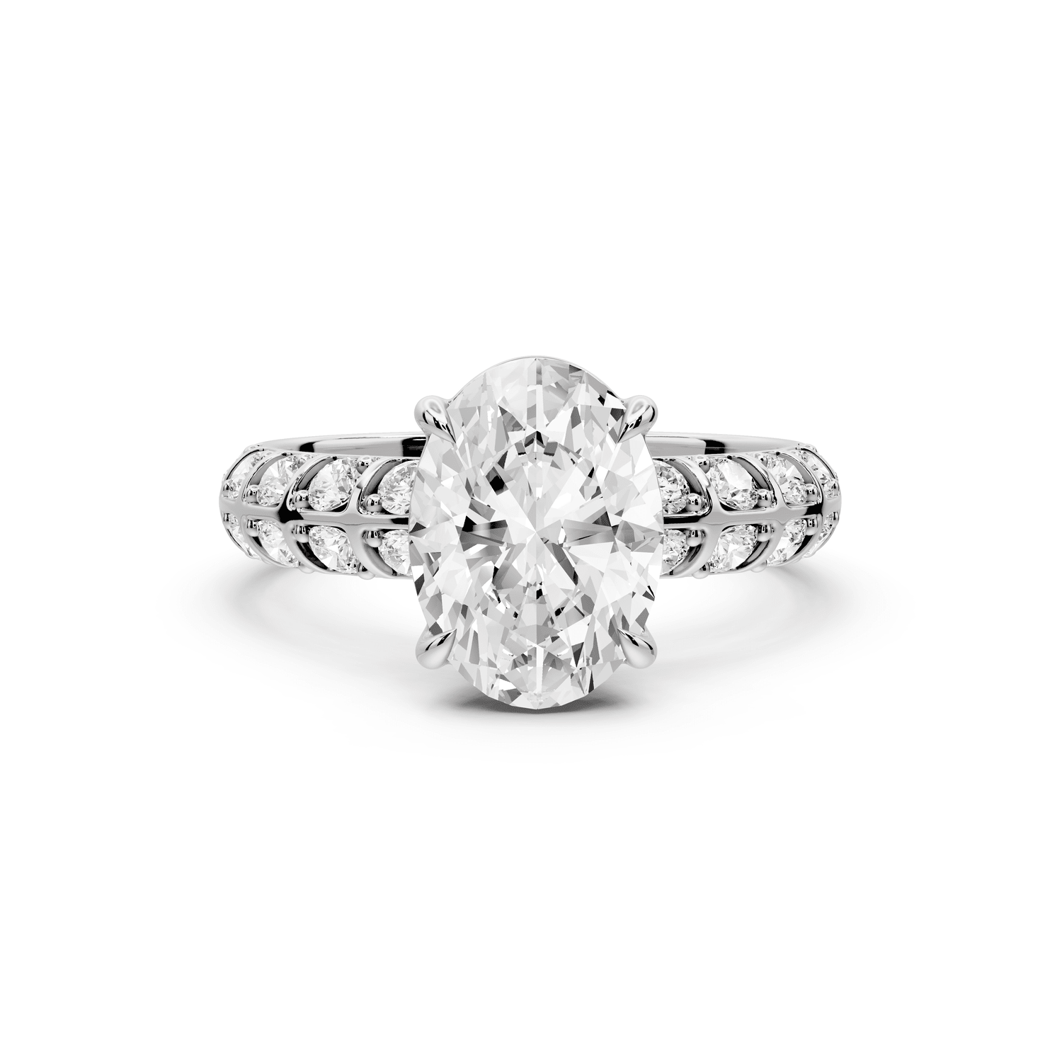 Jessica - 2ct 18k white gold Oval Split-Shank Engagement Ring with Double-Row Shared-Prong Pavé Band - Mr. Alex Jewelry