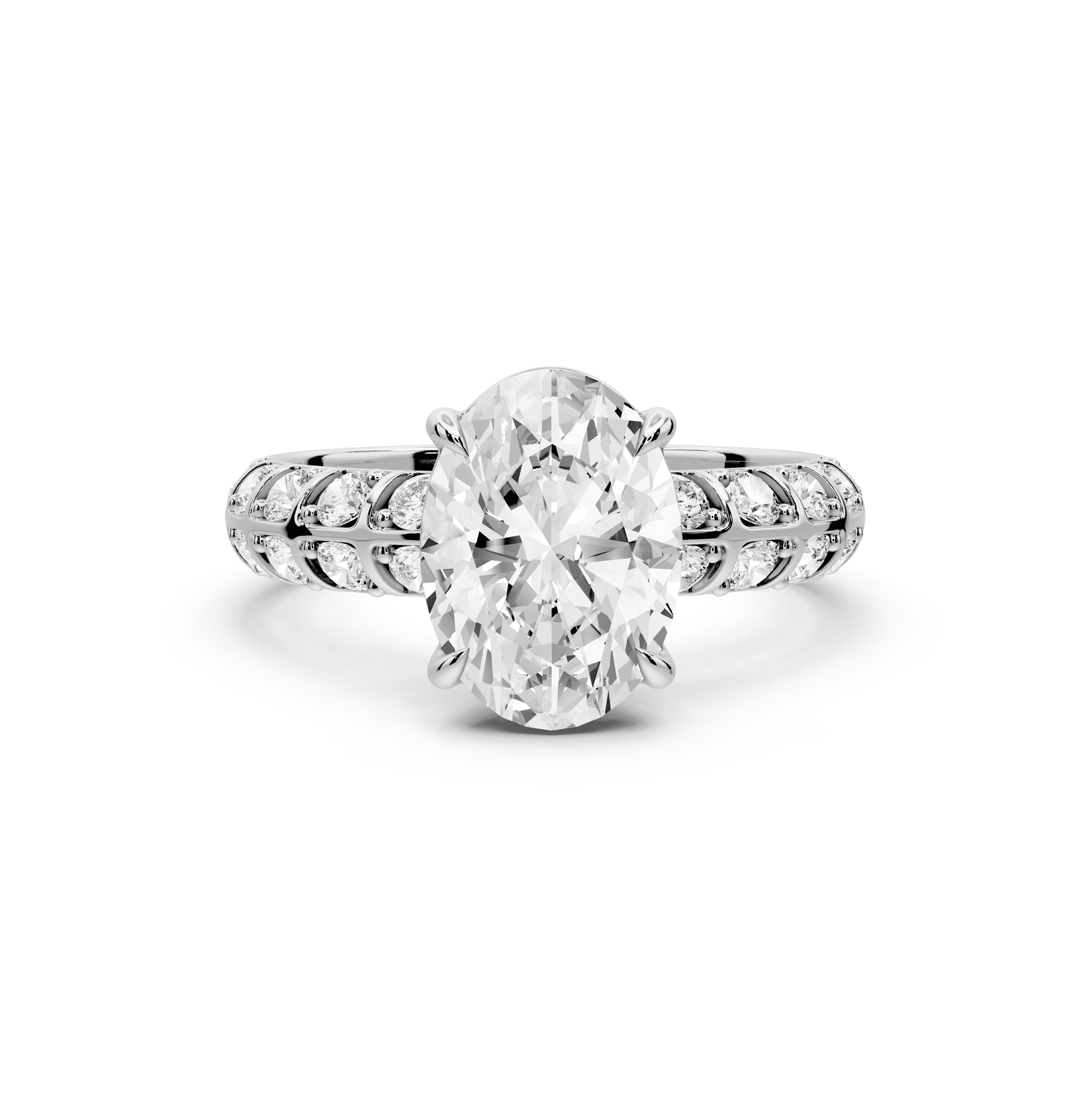 Jessica - 2ct 18k white gold Oval Split-Shank Engagement Ring with Double-Row Shared-Prong Pavé Band - Mr. Alex Jewelry