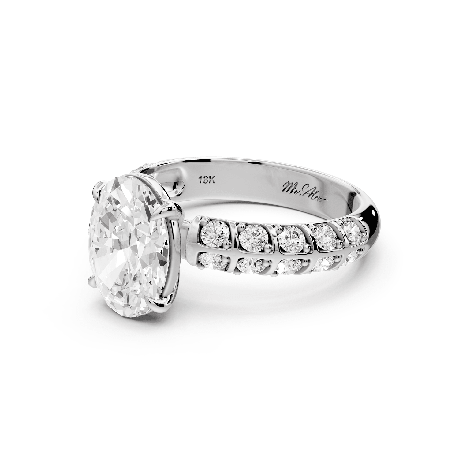 Jessica - 2ct 18k white gold Oval Split-Shank Engagement Ring with Double-Row Shared-Prong Pavé Band - Mr. Alex Jewelry
