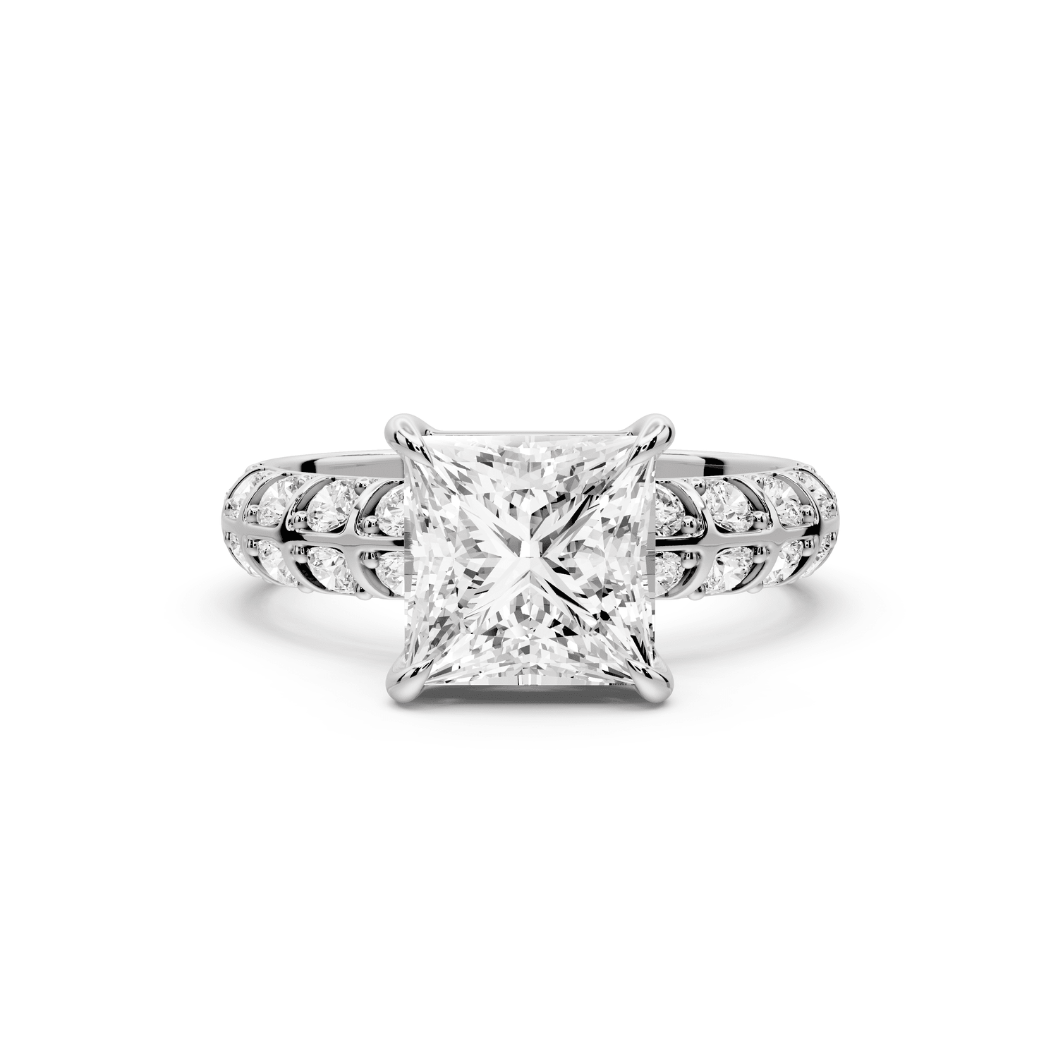 Jessica - 2ct 18k white gold Princess Split-Shank Engagement Ring with Double-Row Shared-Prong Pavé Band - Mr. Alex Jewelry