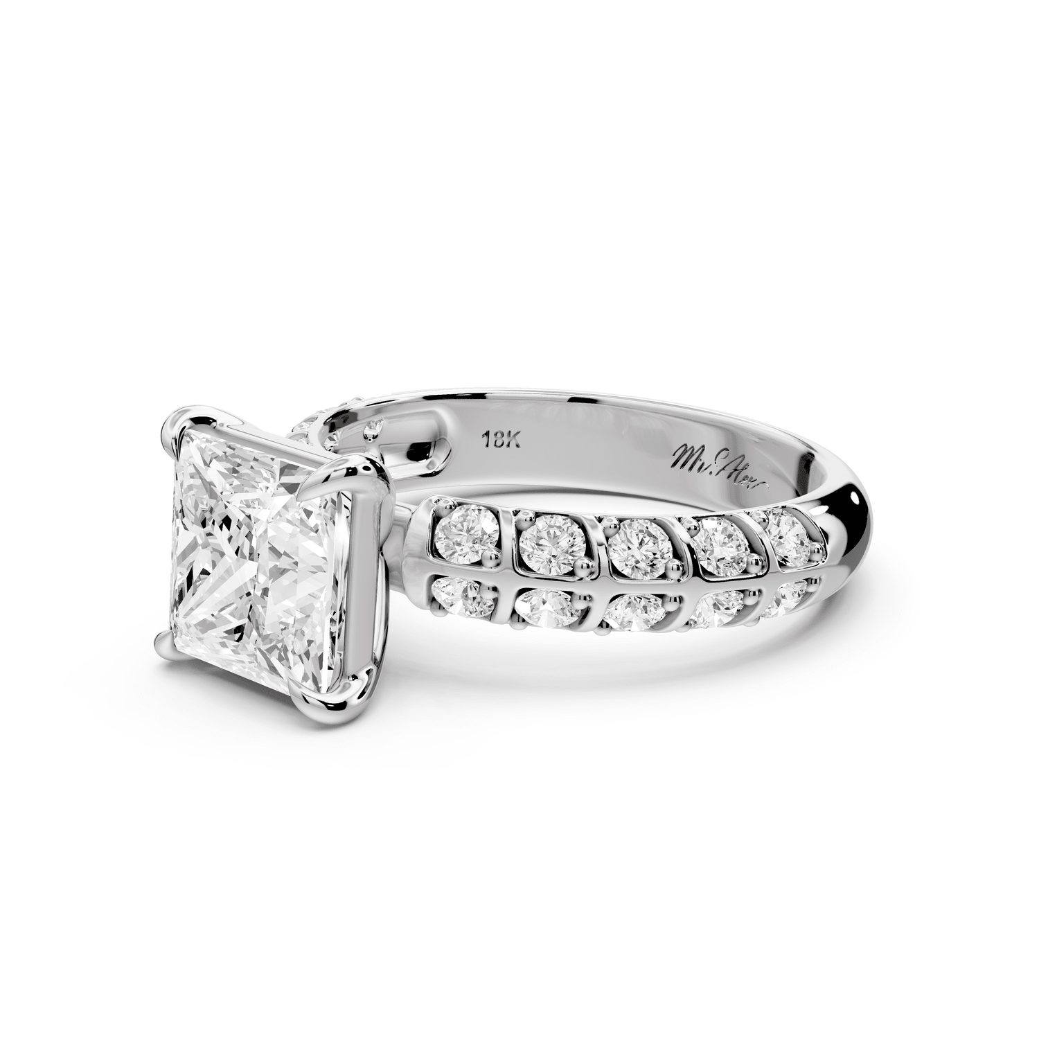 Jessica - 2ct 18k white gold Princess Split-Shank Engagement Ring with Double-Row Shared-Prong Pavé Band - Mr. Alex Jewelry