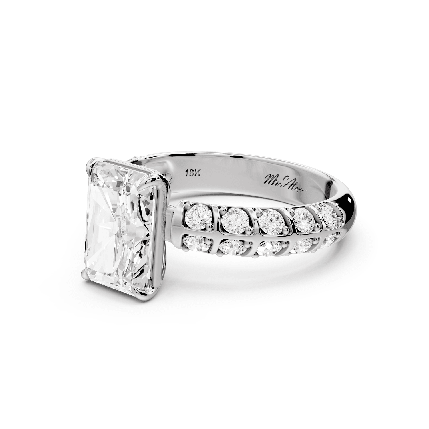Jessica - 2ct 18k white gold Radiant Split-Shank Engagement Ring with Double-Row Shared-Prong Pavé Band - Mr. Alex Jewelry