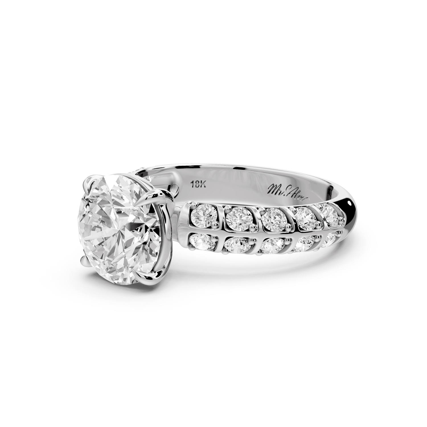 Jessica - 2ct 18k white gold Round Split-Shank Engagement Ring with Double-Row Shared-Prong Pavé Band - Mr. Alex Jewelry