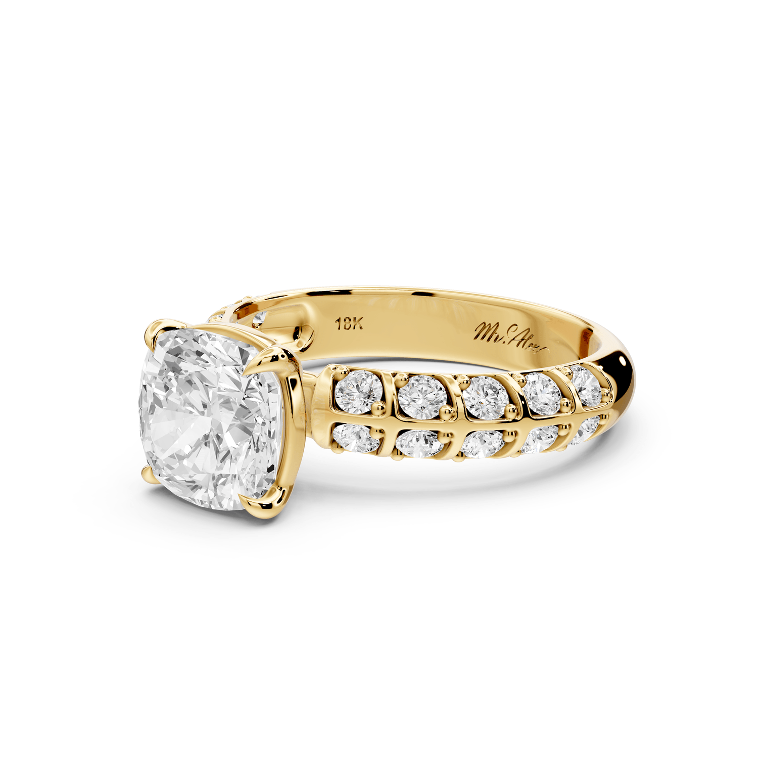 Jessica - 2ct 18k yellow gold Cushion Split-Shank Engagement Ring with Double-Row Shared-Prong Pavé Band - Mr. Alex Jewelry