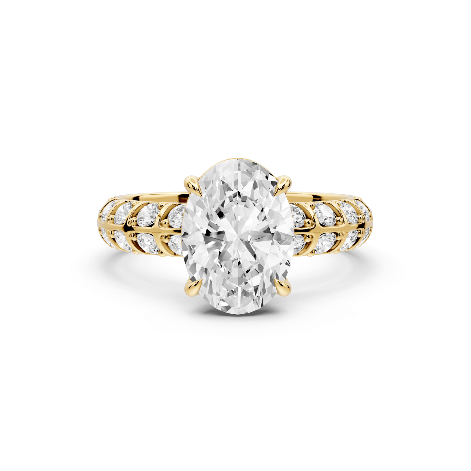 Jessica - 2ct 18k yellow gold Oval Split-Shank Engagement Ring with Double-Row Shared-Prong Pavé Band - Mr. Alex Jewelry