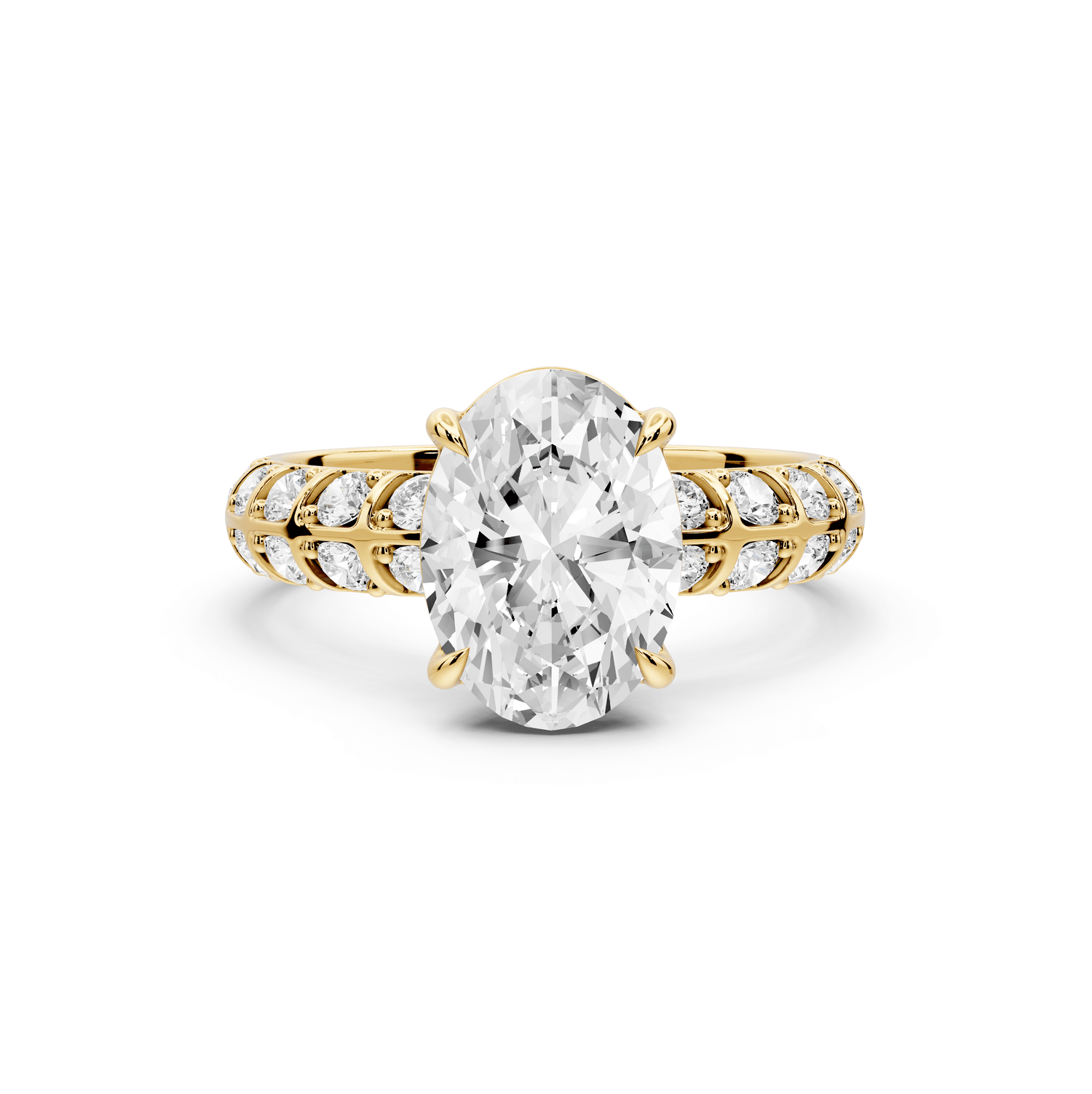 Jessica - 2ct 18k yellow gold Oval Split-Shank Engagement Ring with Double-Row Shared-Prong Pavé Band - Mr. Alex Jewelry