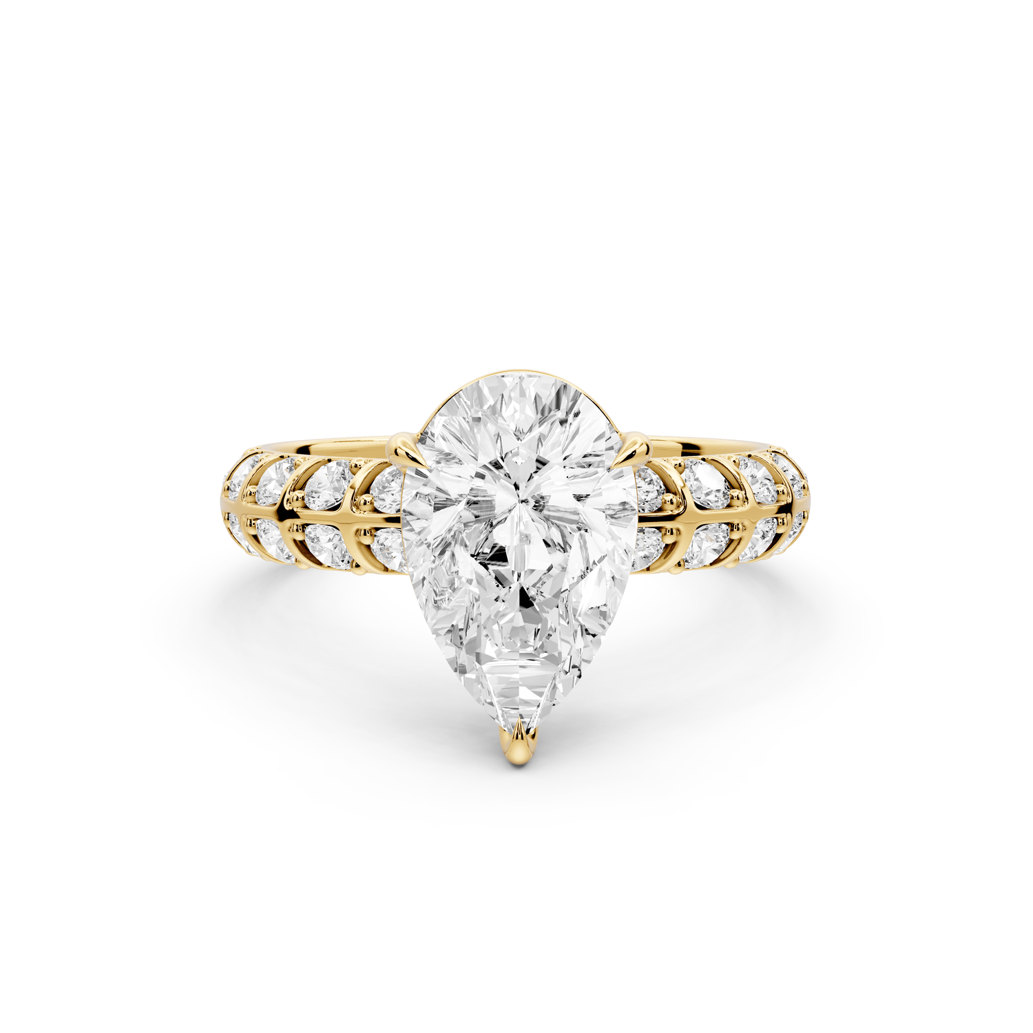 Jessica - 2ct 18k yellow gold Pear Split-Shank Engagement Ring with Double-Row Shared-Prong Pavé Band - Mr. Alex Jewelry